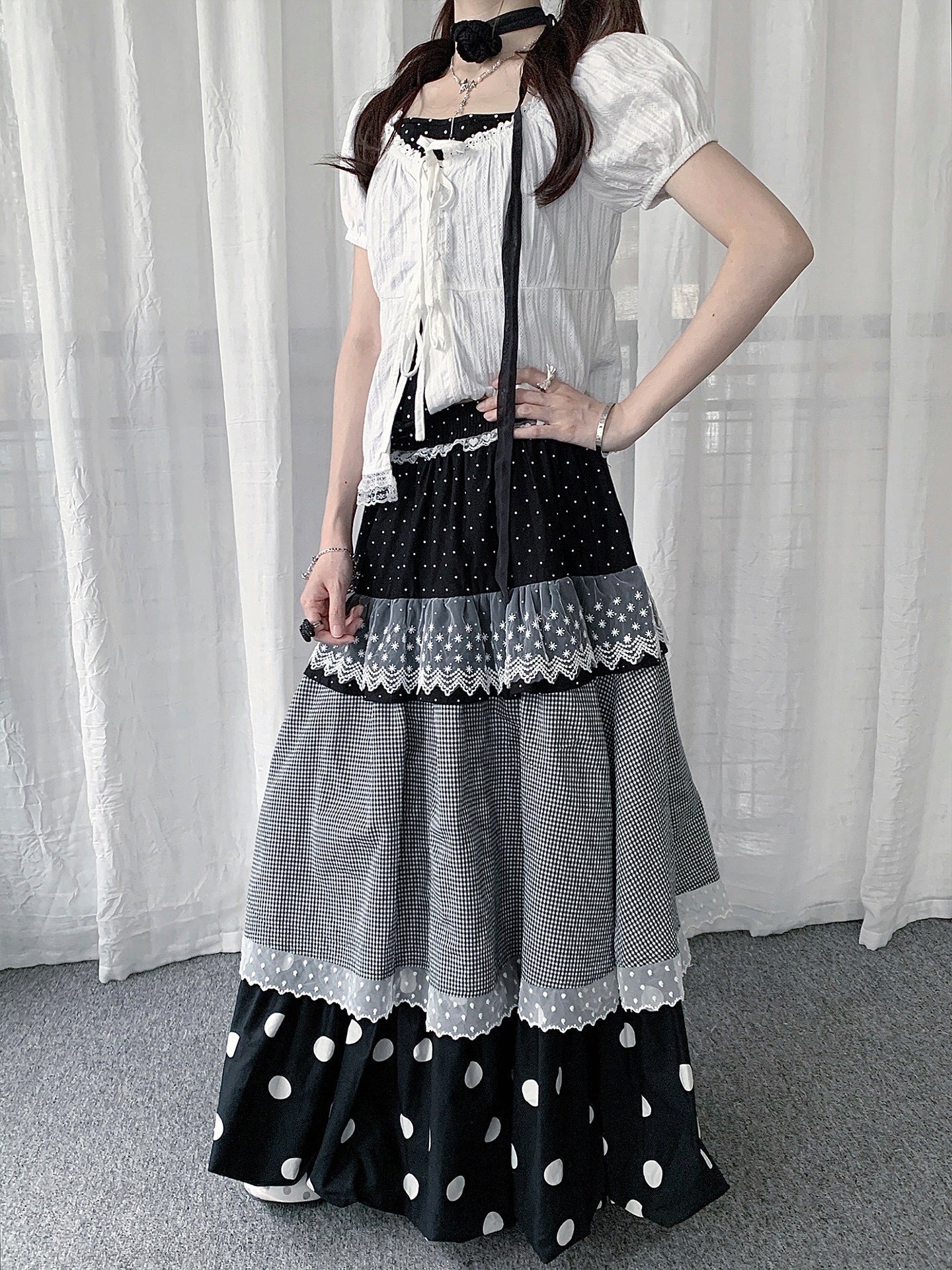 Polka Dot Lace Plaid Tiered Maxi Skirt