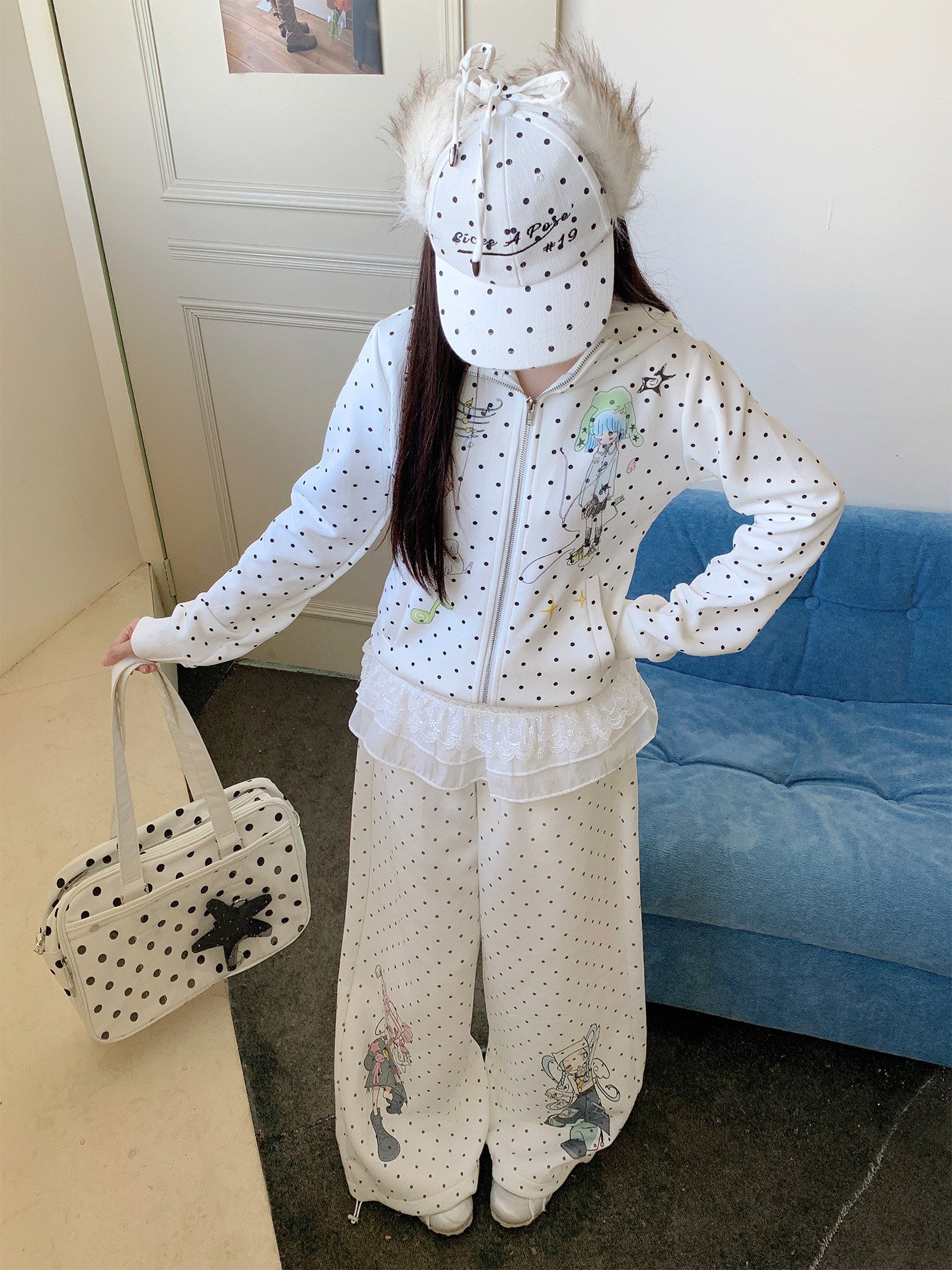 Polka Dot Girl Graphic Wide-Leg Sweatpants