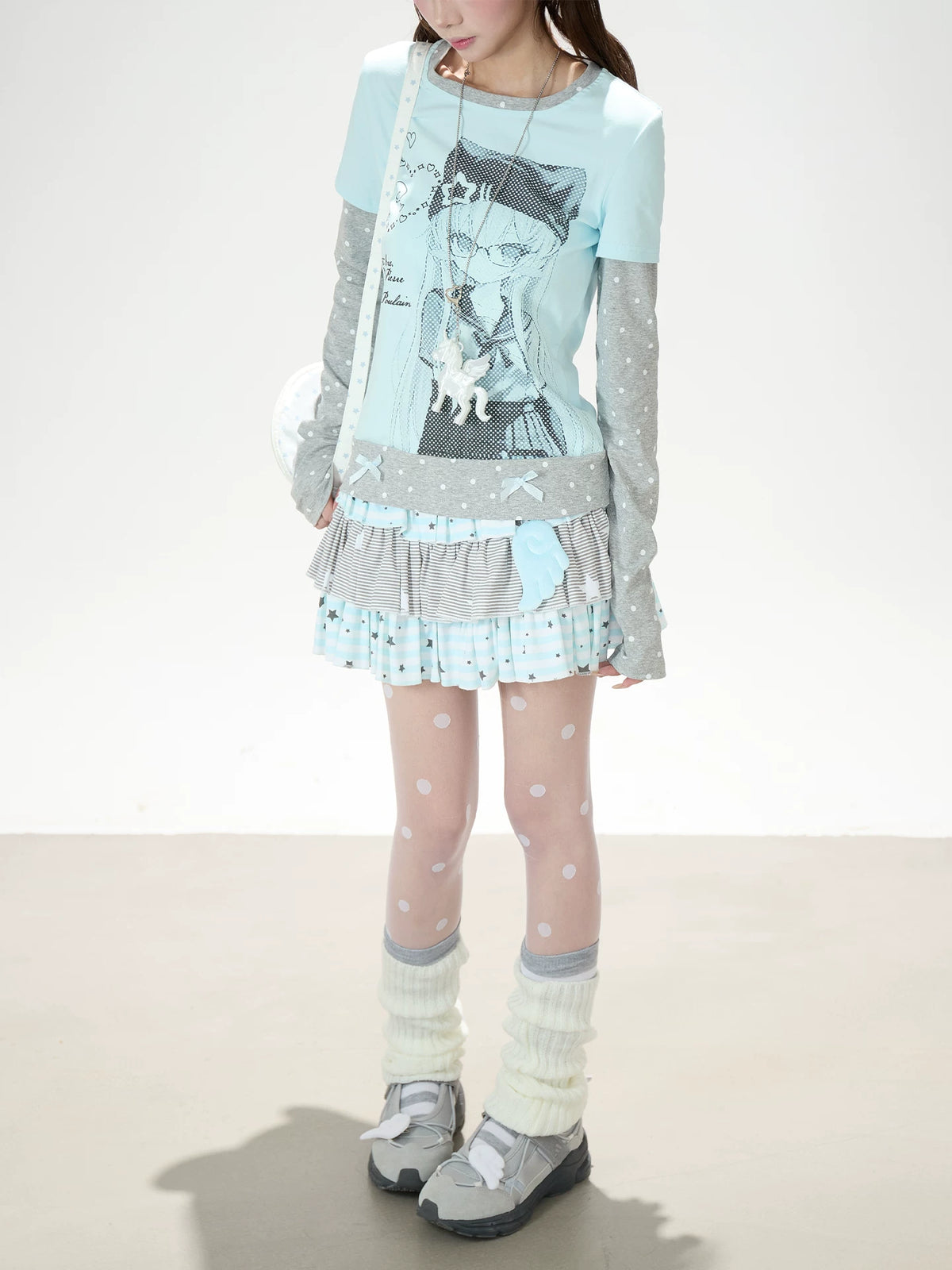 Anime Girl Polka-Dot Layered Long Sleeve Top & Star Tiered Ruffle Mini Skirt