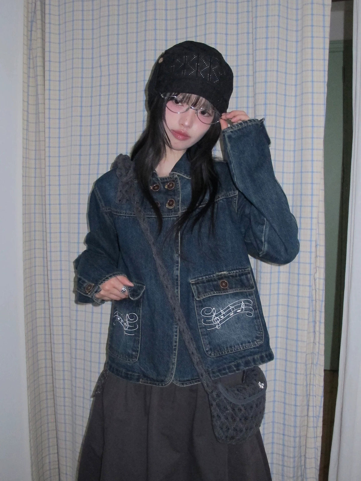 Washed Denim Music-Note Embroidered Jacket