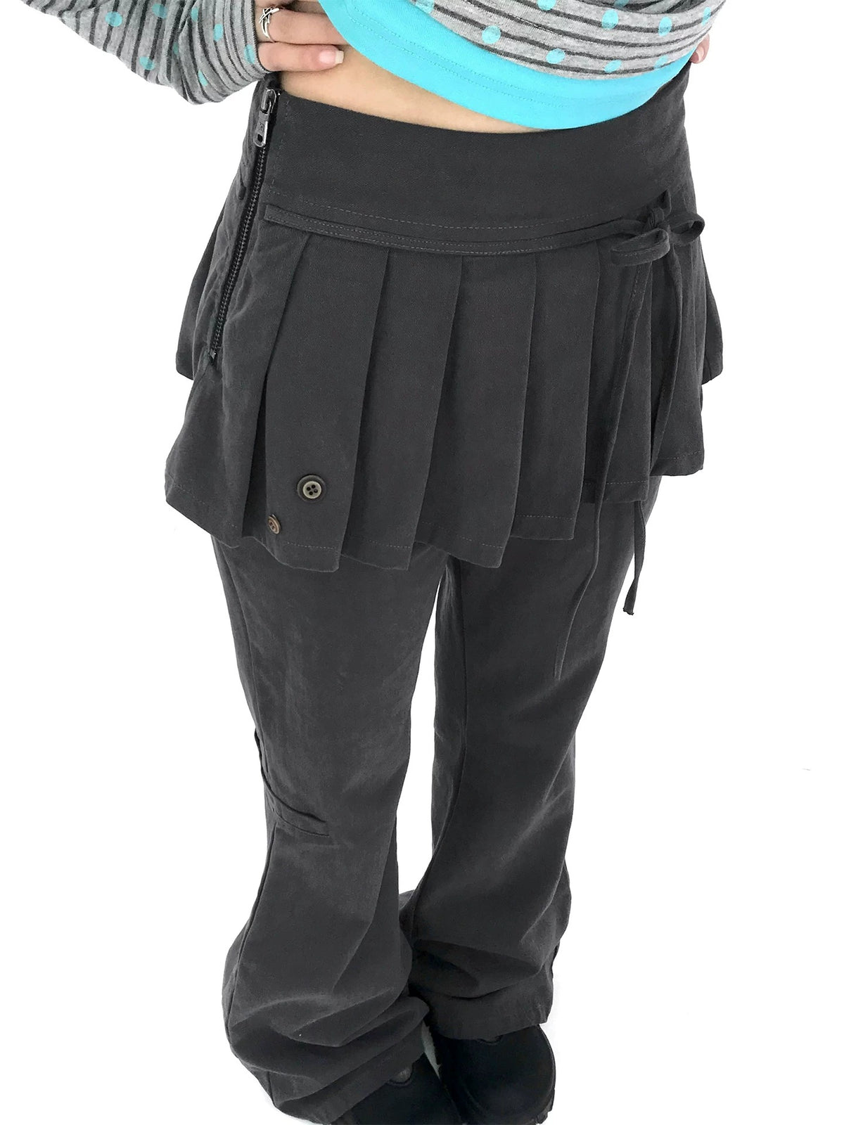 Gray Low-Rise Pleated Skirt Pants