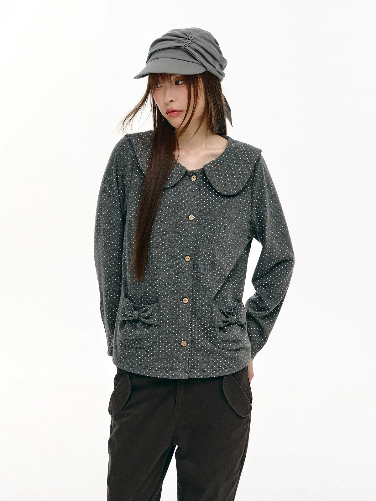 Charcoal Polka Dot Peter Pan Collar Button Shirt