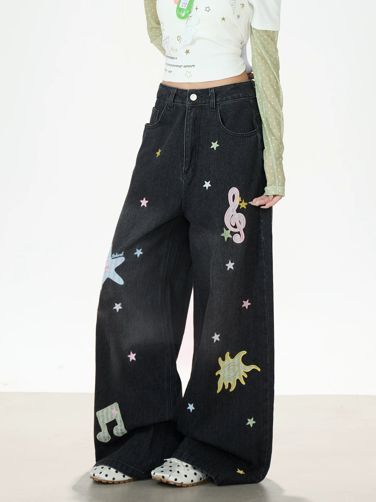 Star Music Note Embroidered Washed Wide-Leg Jeans