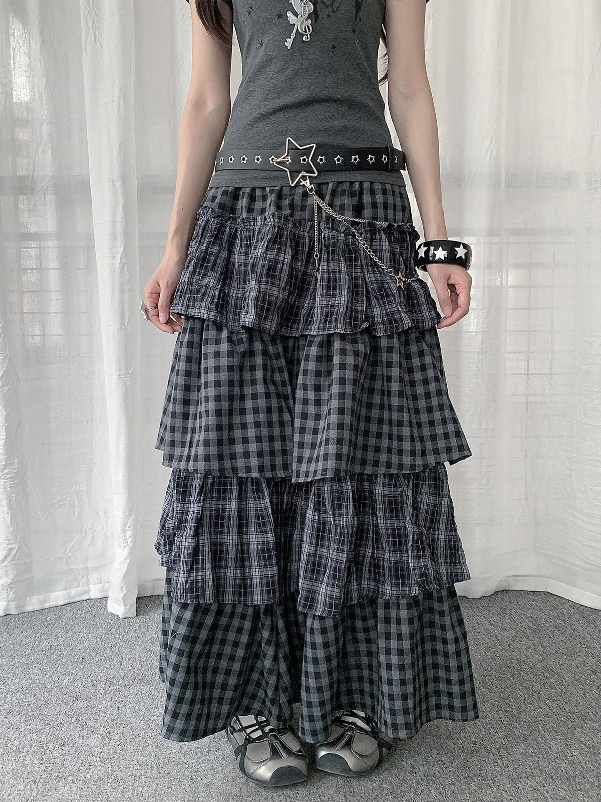 Gray Plaid Tiered Maxi Skirt