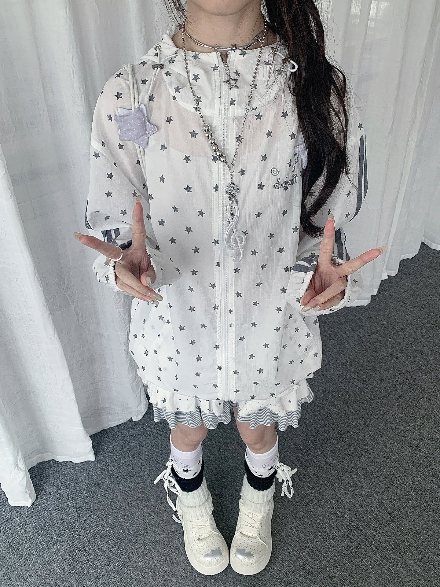 Star Print Sheer Hooded Lightweight Jacket