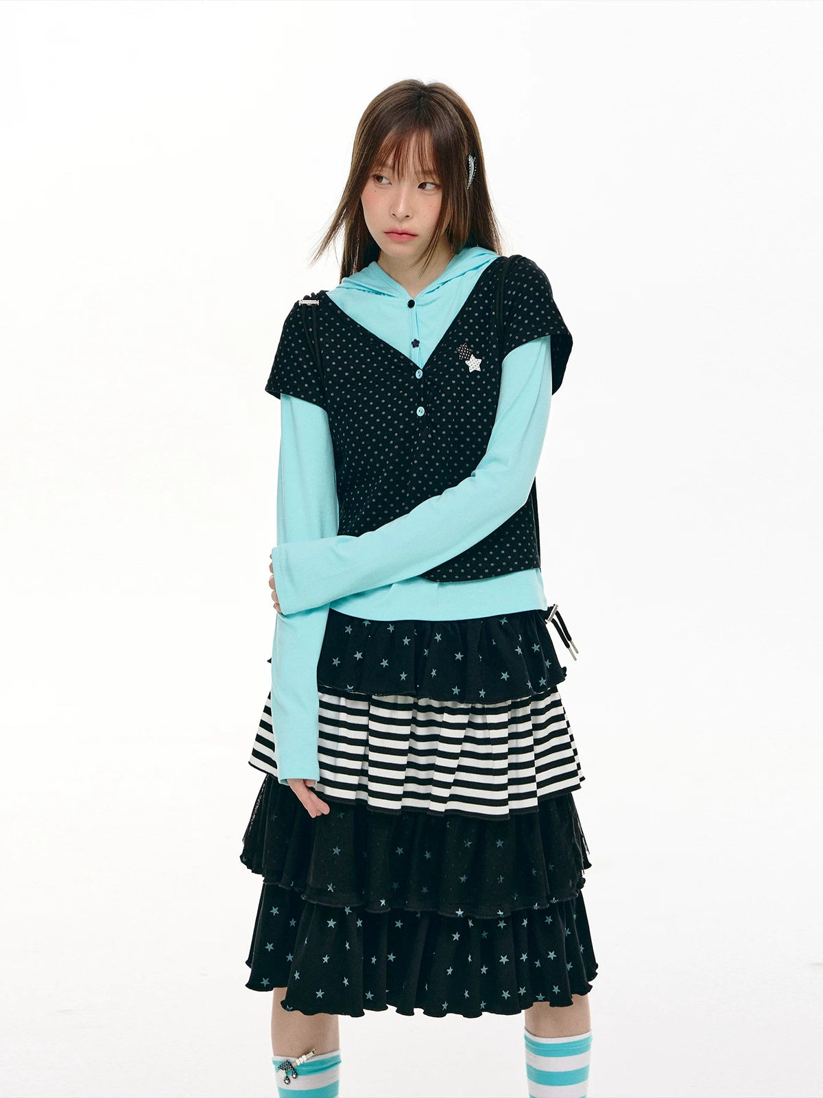 Polka Dot Faux-Layer Hooded Long Sleeve Top