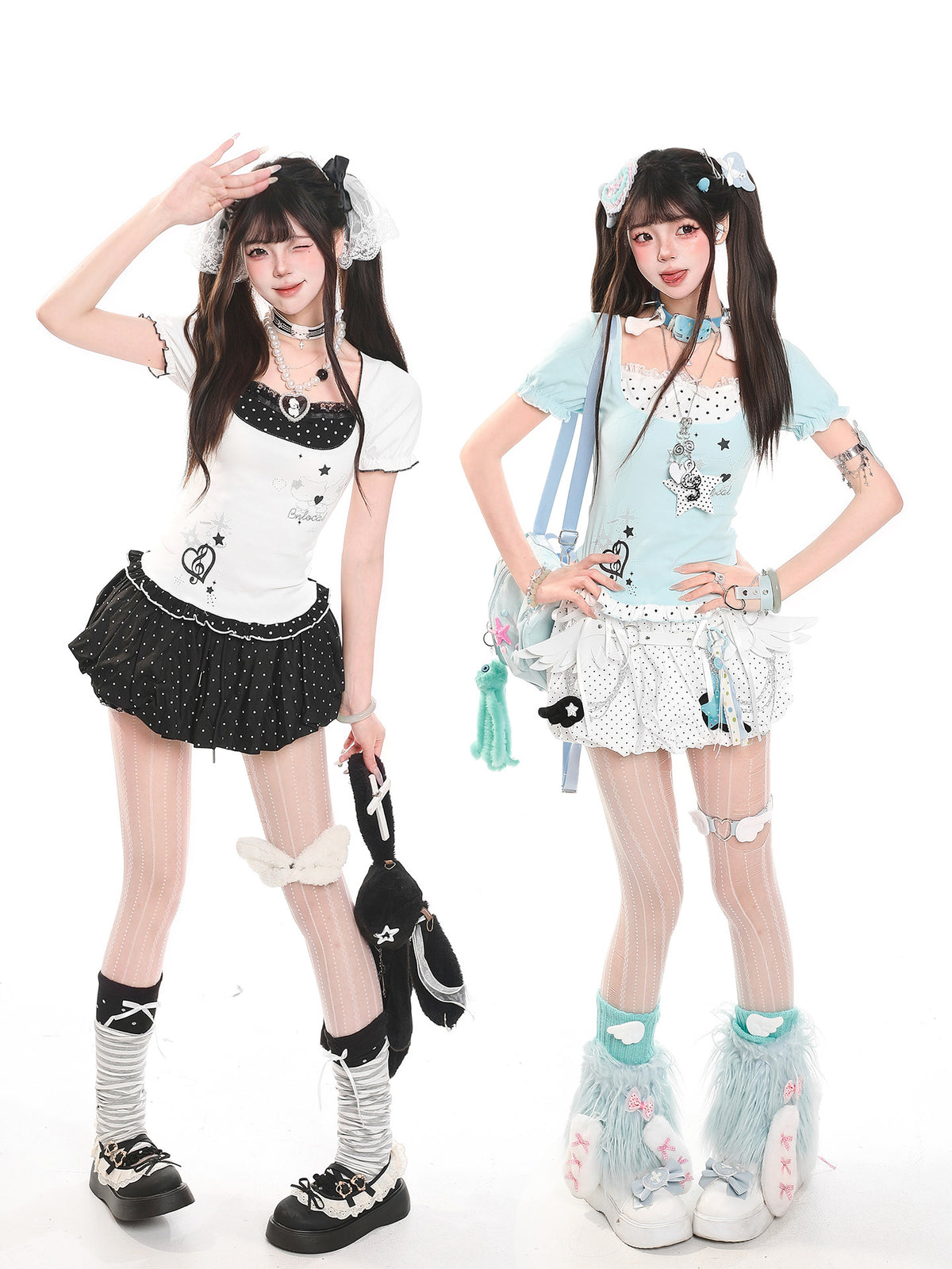 Polka Dot Faux-Layered U-Neck Fitted Tee