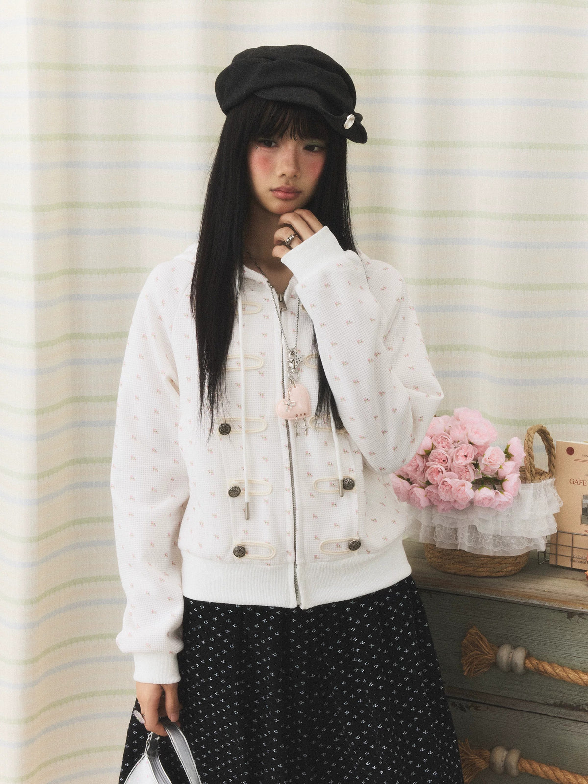 Floral Waffle Toggle Zip-Up Hoodie