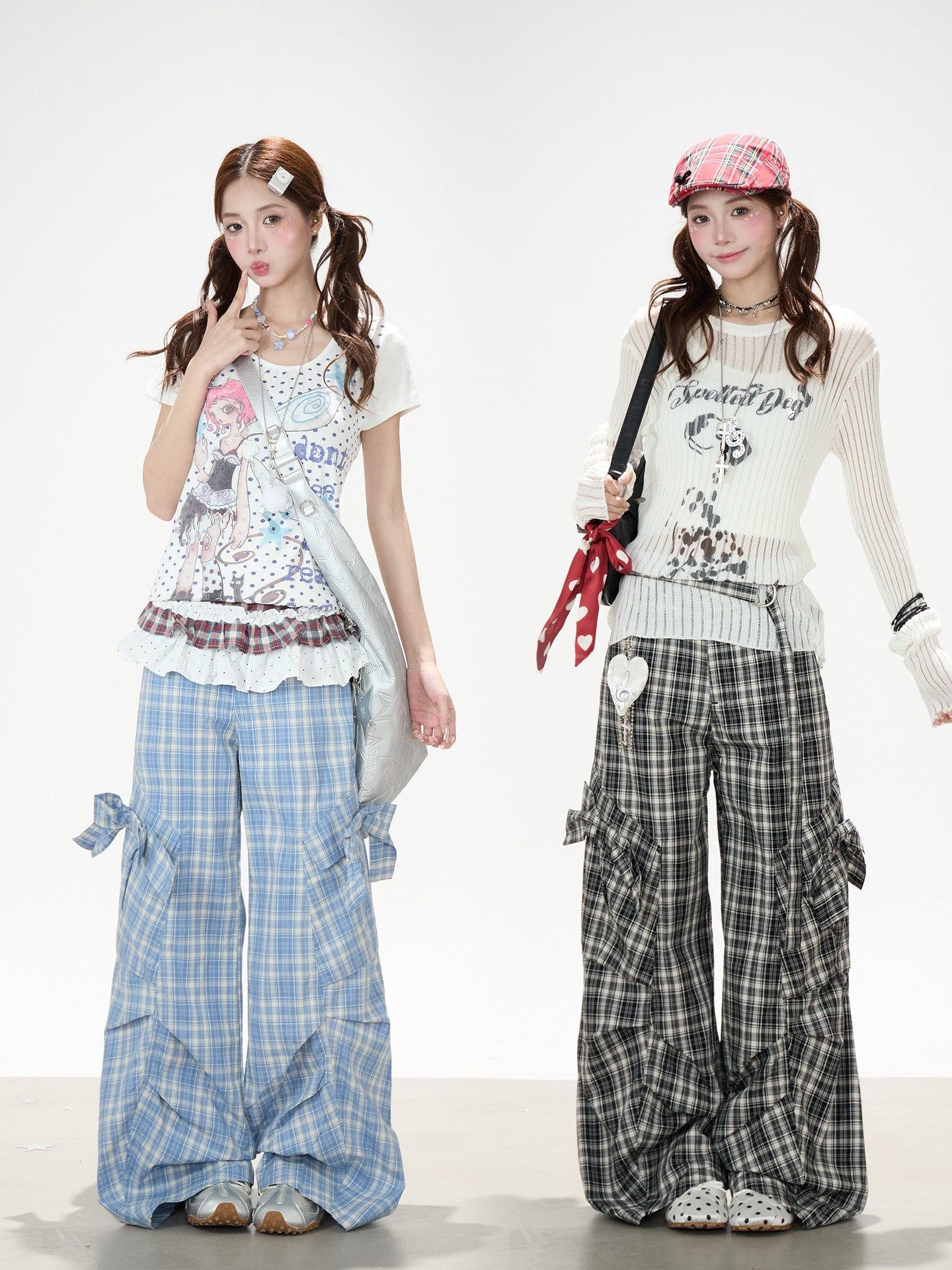 Bow Plaid Cargo Wide Leg Pants