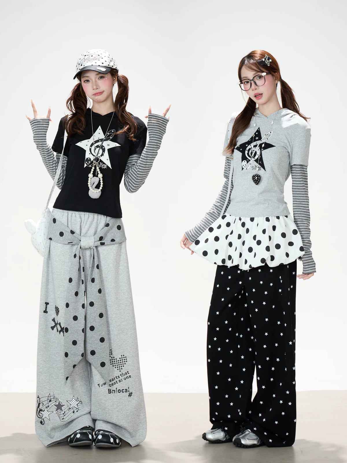 Music Note Star Layered Hoodie Top & Polka Dot Tie-Waist Wide-Leg Pants