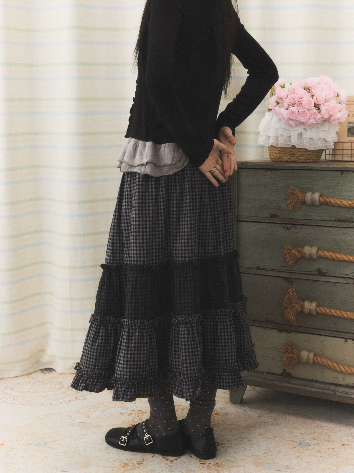 Mixed Plaid Tiered Ruffle Midi Skirt