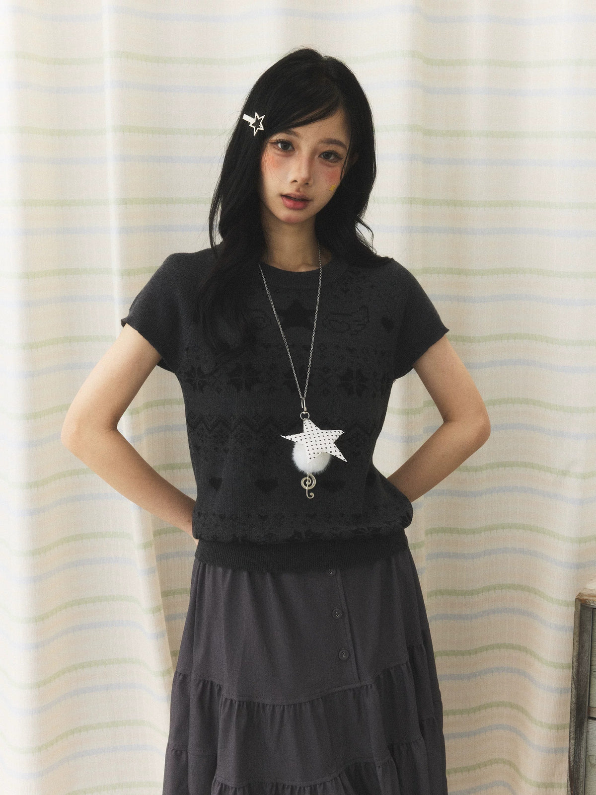 Vintage Jacquard Knit Short Sleeve Top