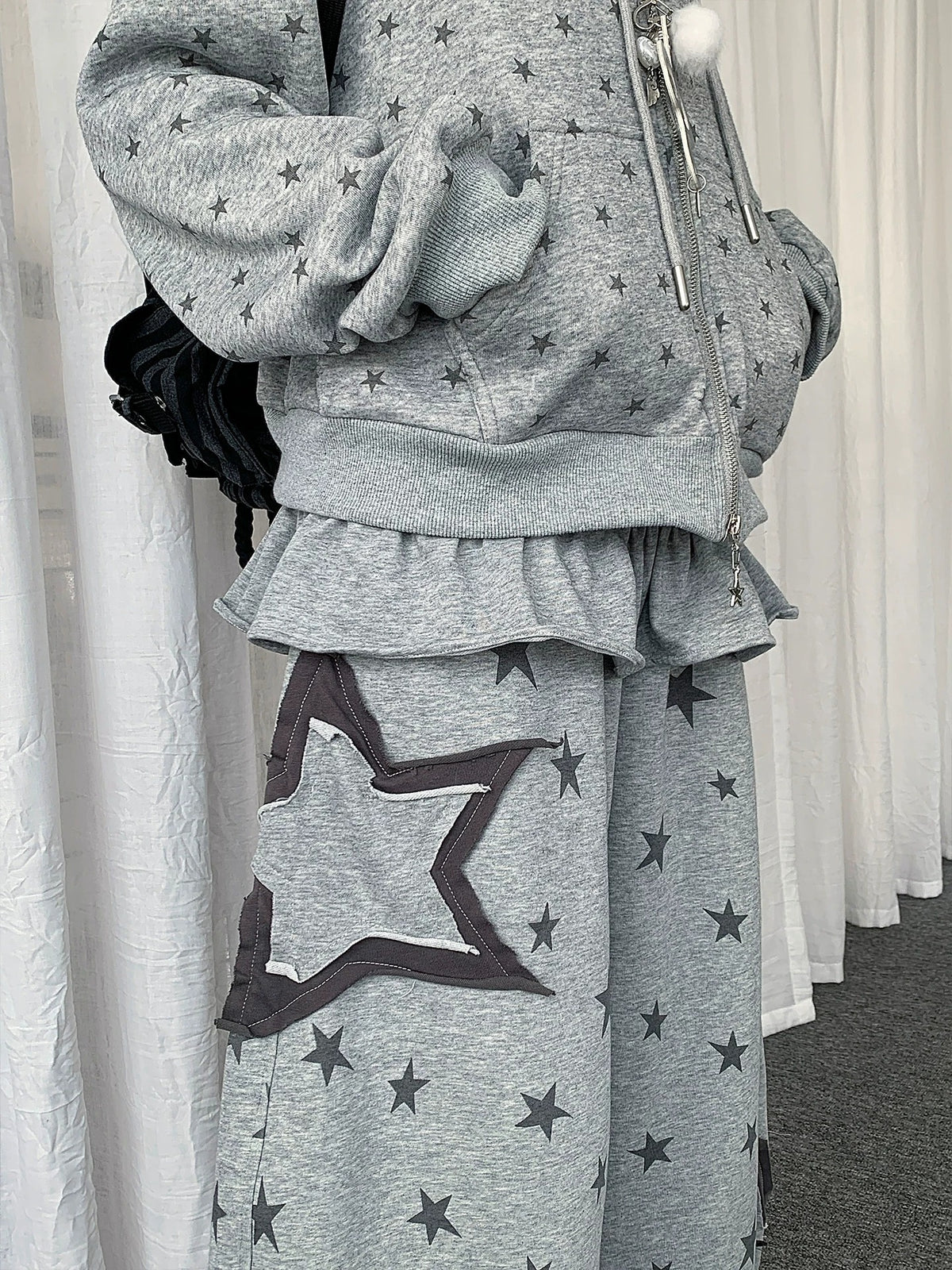 Star Print Detachable Ruffle-Layer Wide-Leg Sweatpants