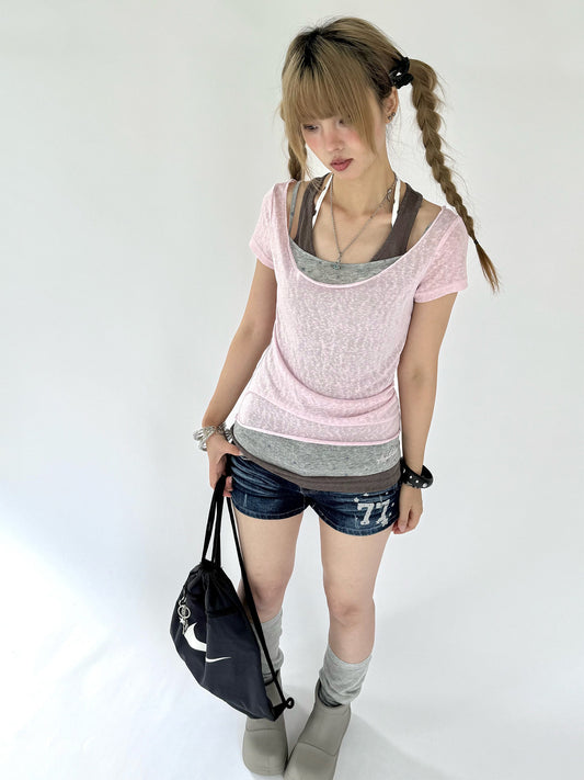 Dusty Pink Triple-Layer Short Sleeve Top