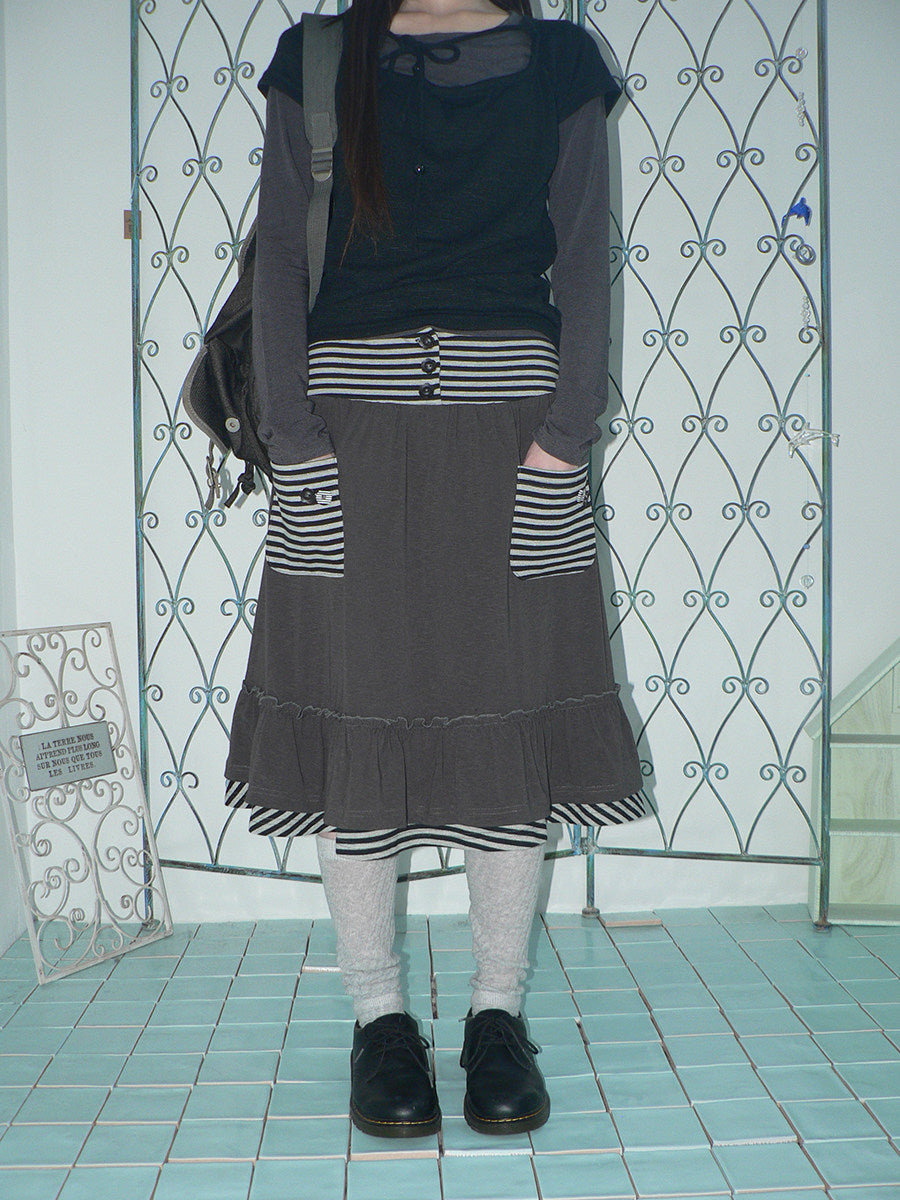 Striped Pocket Ruffle Layered Midi Skirt