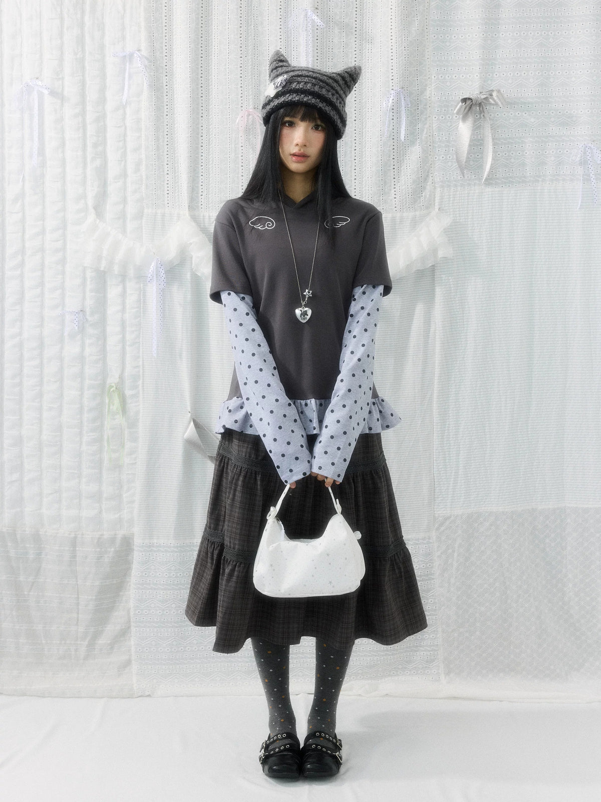 Angel Wing Polka-Dot Layered Hooded Long Sleeve Top
