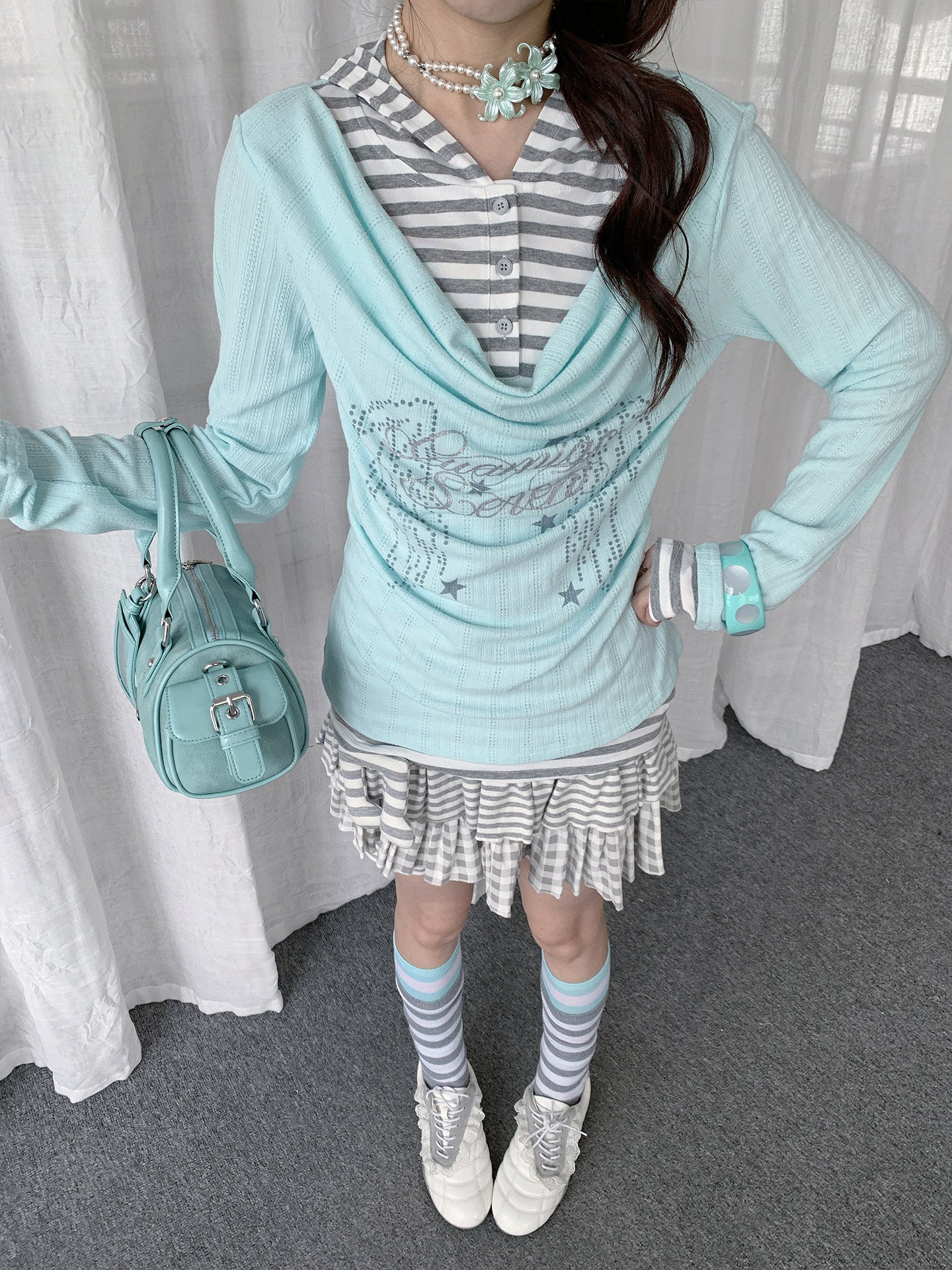 Draped Stripe-Collar Faux-Layer Long-Sleeve Top
