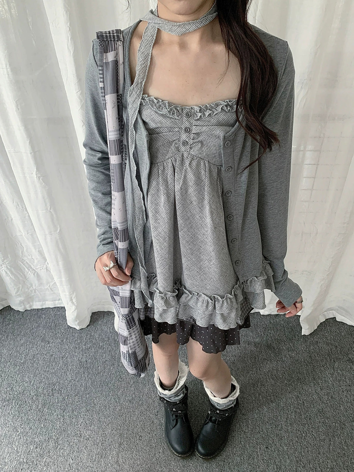 Ruffle Cami & Soft Cardigan Two-Piece Layered Top Set