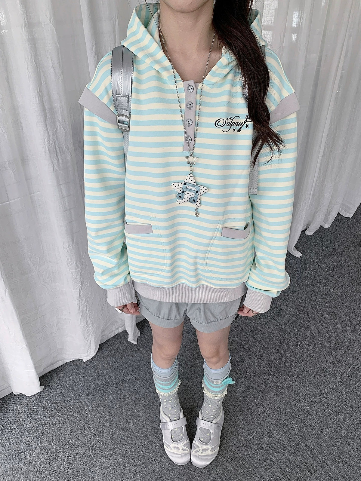 Striped Half-Placket Hooded Pullover