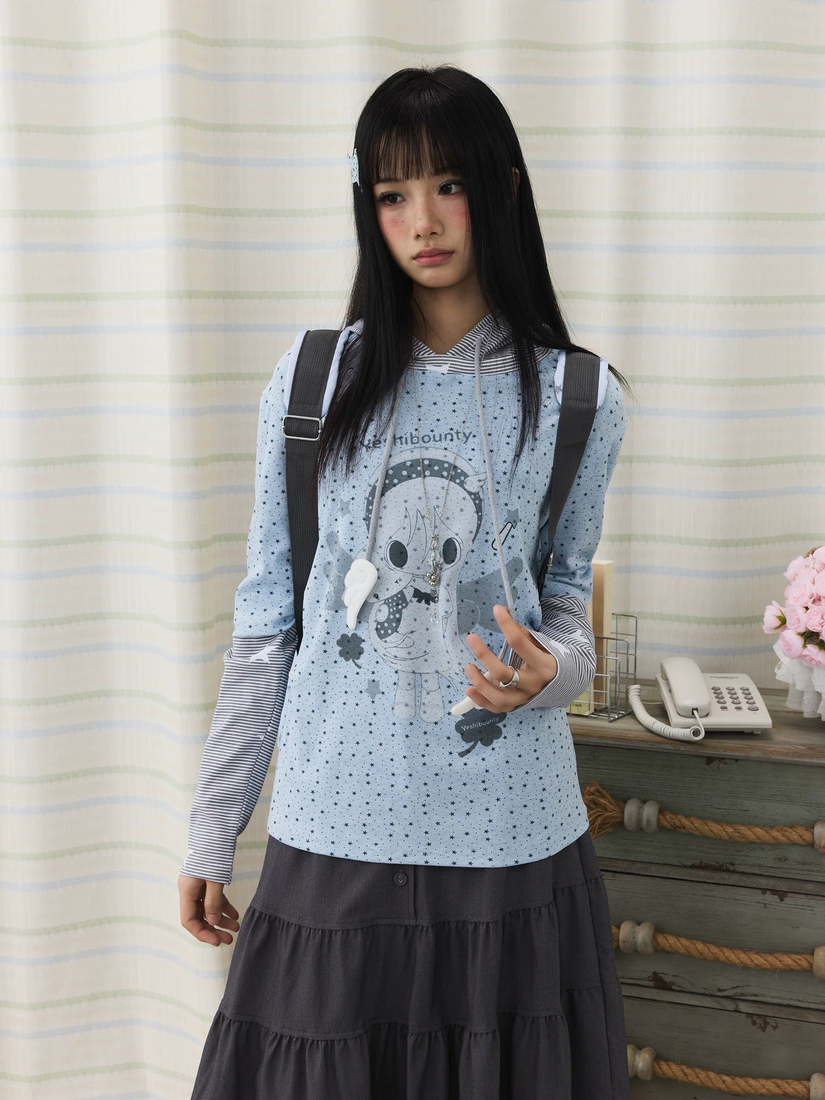 Cartoon Star Print Faux-Layer Hooded Top