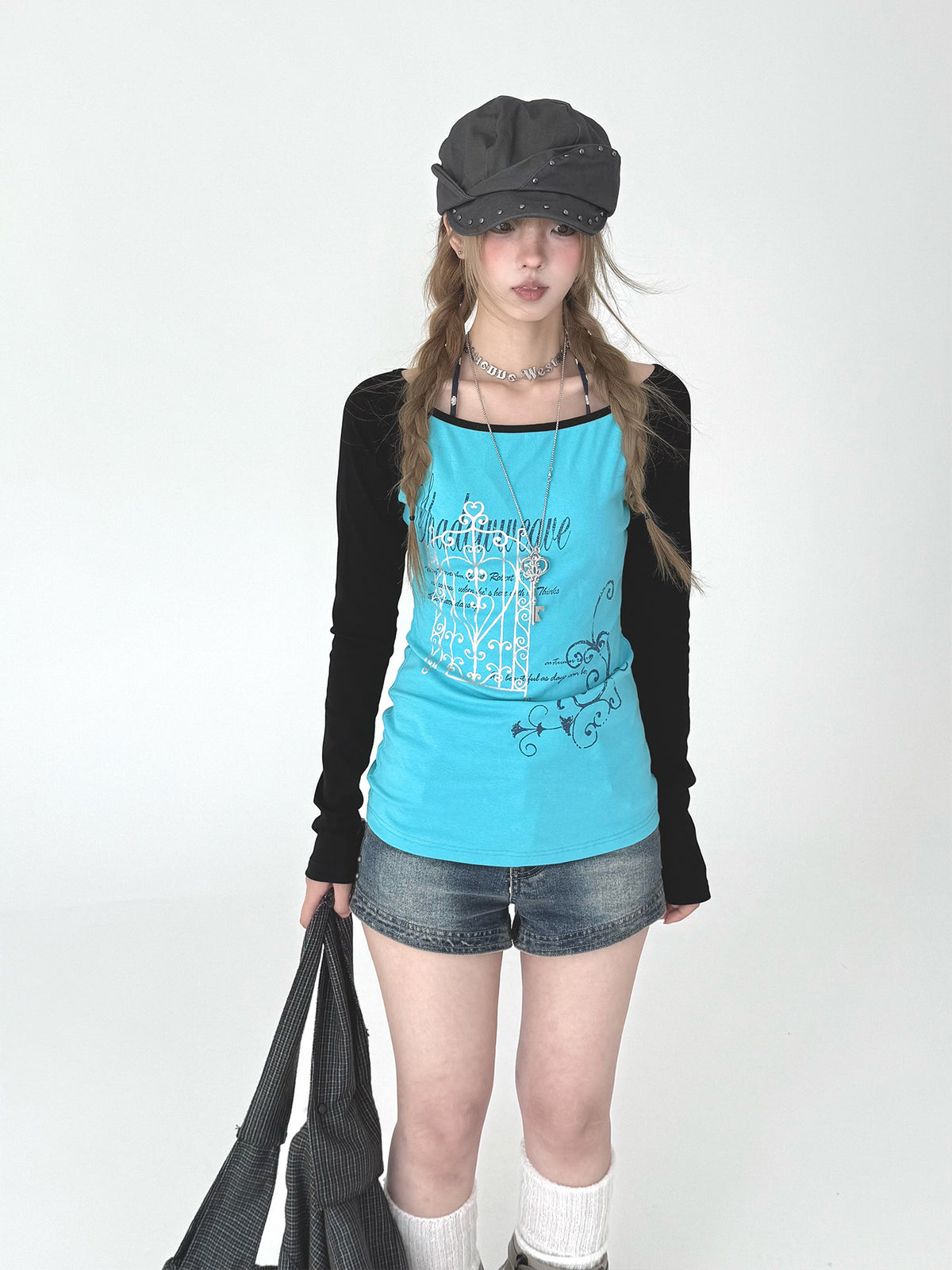 Aqua Contrast Graphic Raglan Long Sleeve Top