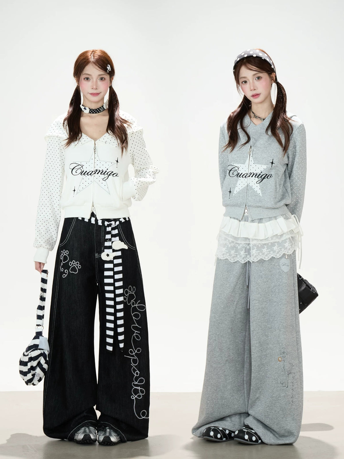 Star Polka-Dot Zip-Up Hoodie & Paw Print Wide-Leg Jeans