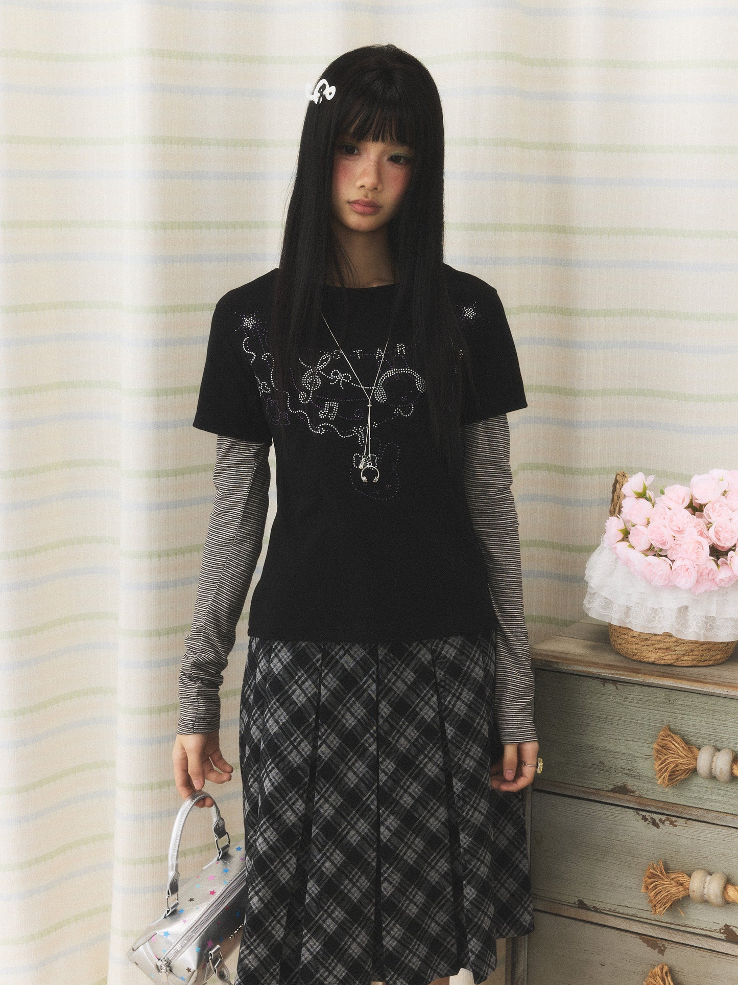 Rhinestone Melody Faux-Layer Stripe Long-Sleeve Tee