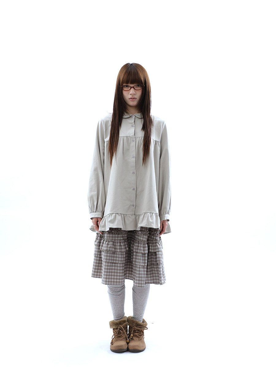 Pleated Ruffle Hem Button-Up Long Sleeve Blouse