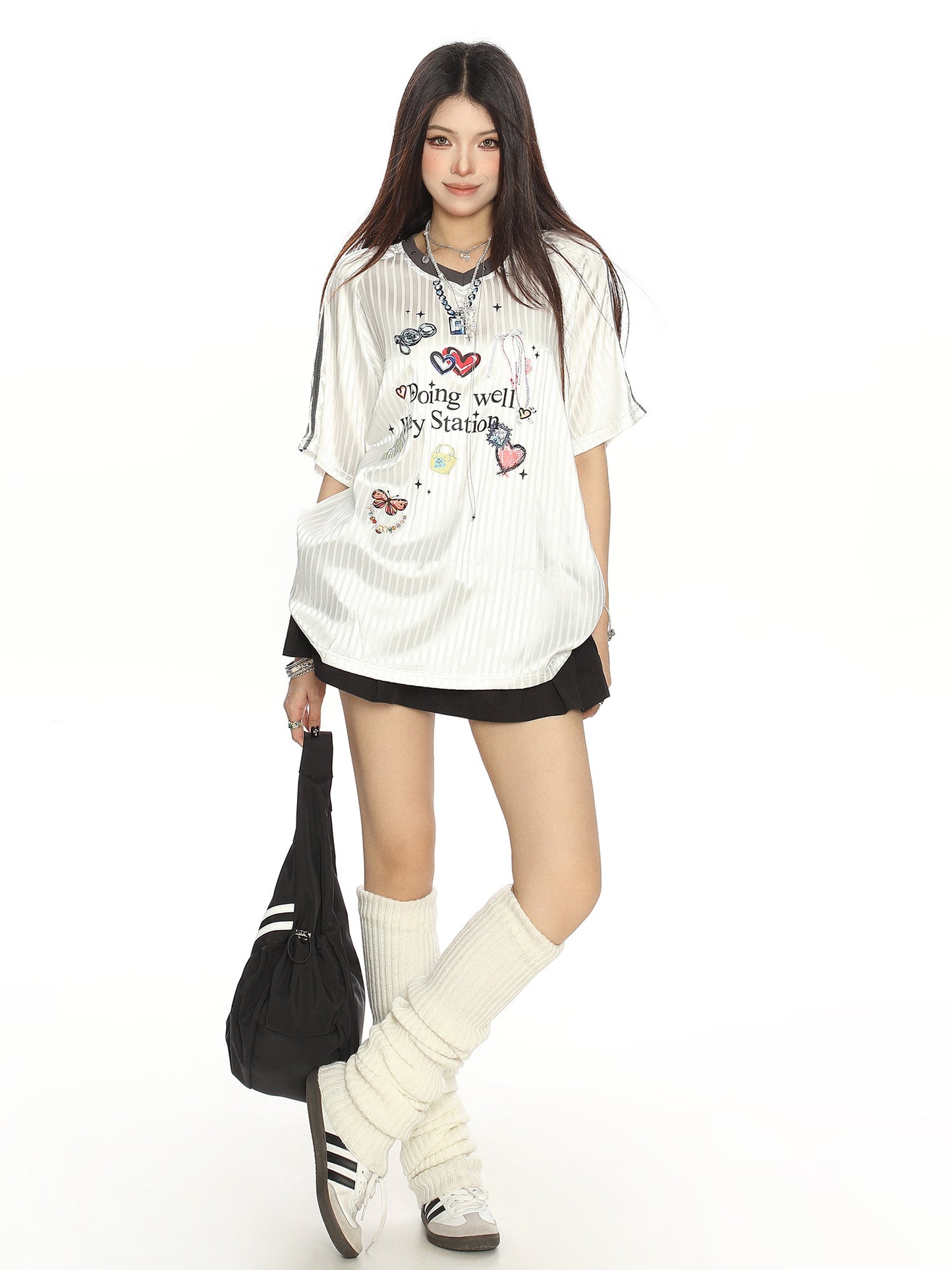 „Doing Well“ Grafik-Trikot-T-Shirt｜Americana Girly V-Ausschnitt Kurzarm gestreift
