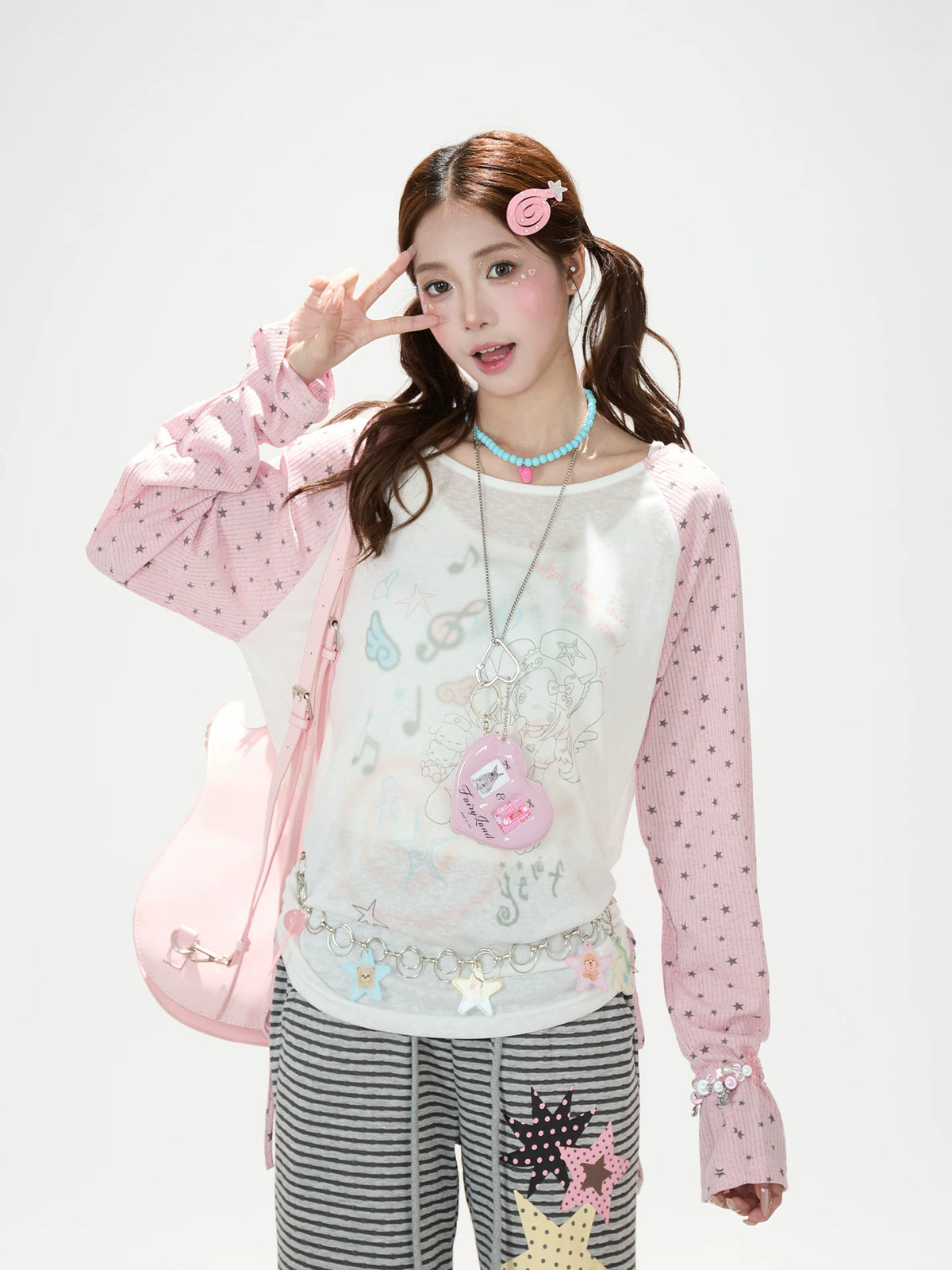 Dreamy Hand-Drawn Raglan Long Sleeve Top & Relaxed Wide-Leg Pants
