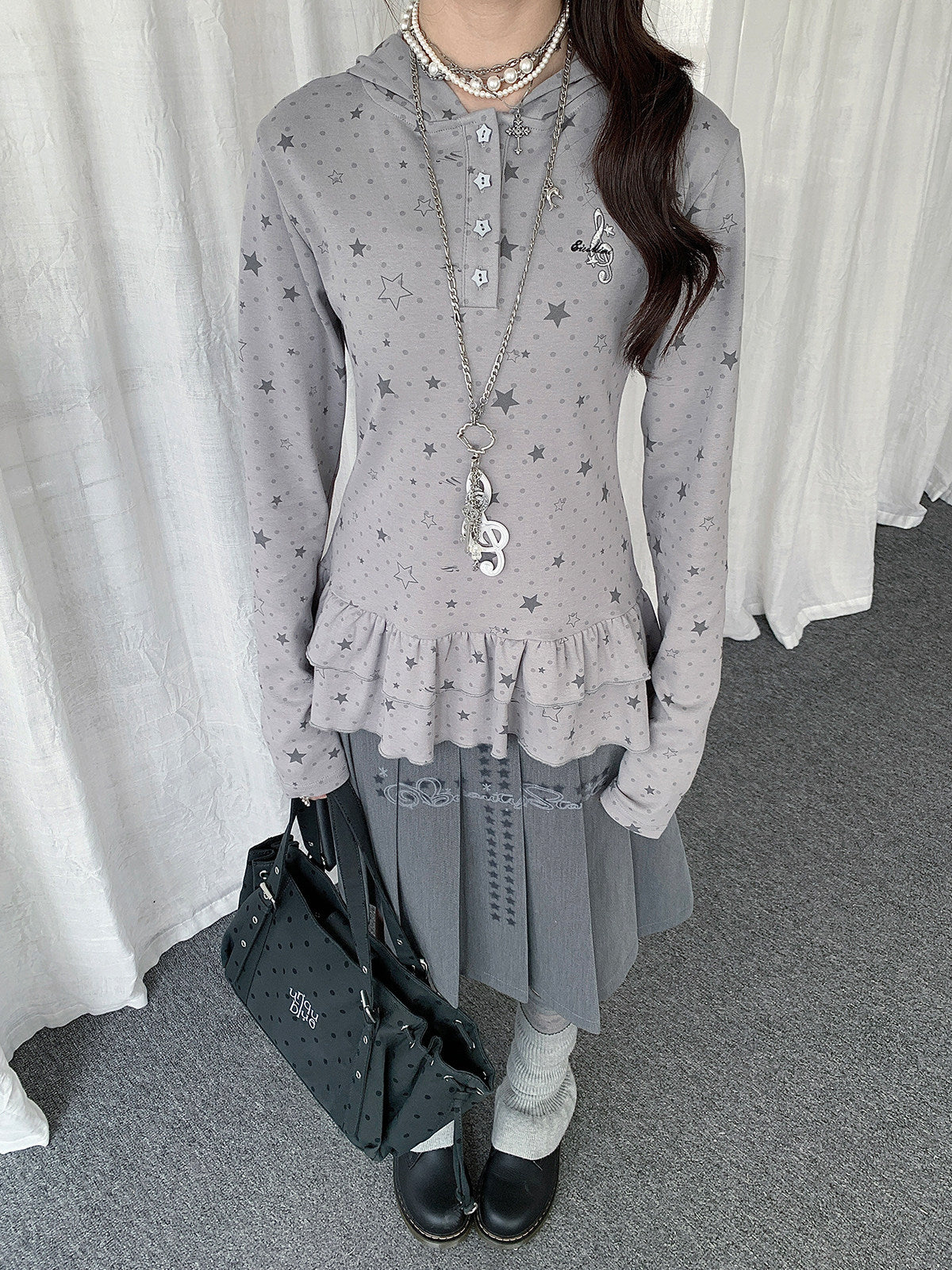 Star Print Ruffle-Hem Hooded Long Sleeve Top