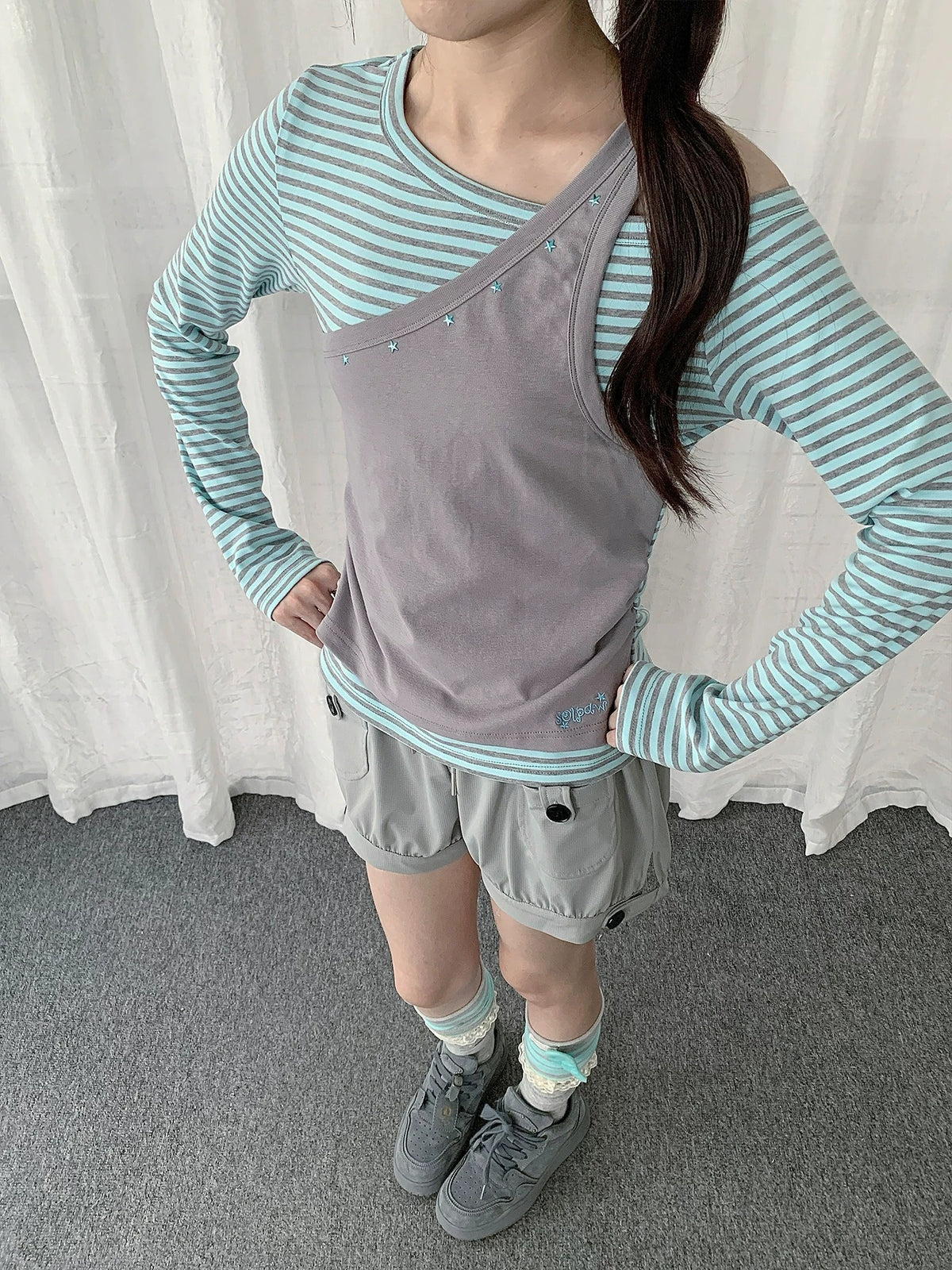Gray Mint Stripe Asymmetric Faux-Layer Long Sleeve Top