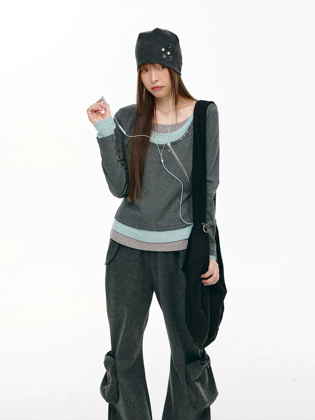 Diagonal Zip Faux-Layer Long Sleeve Top
