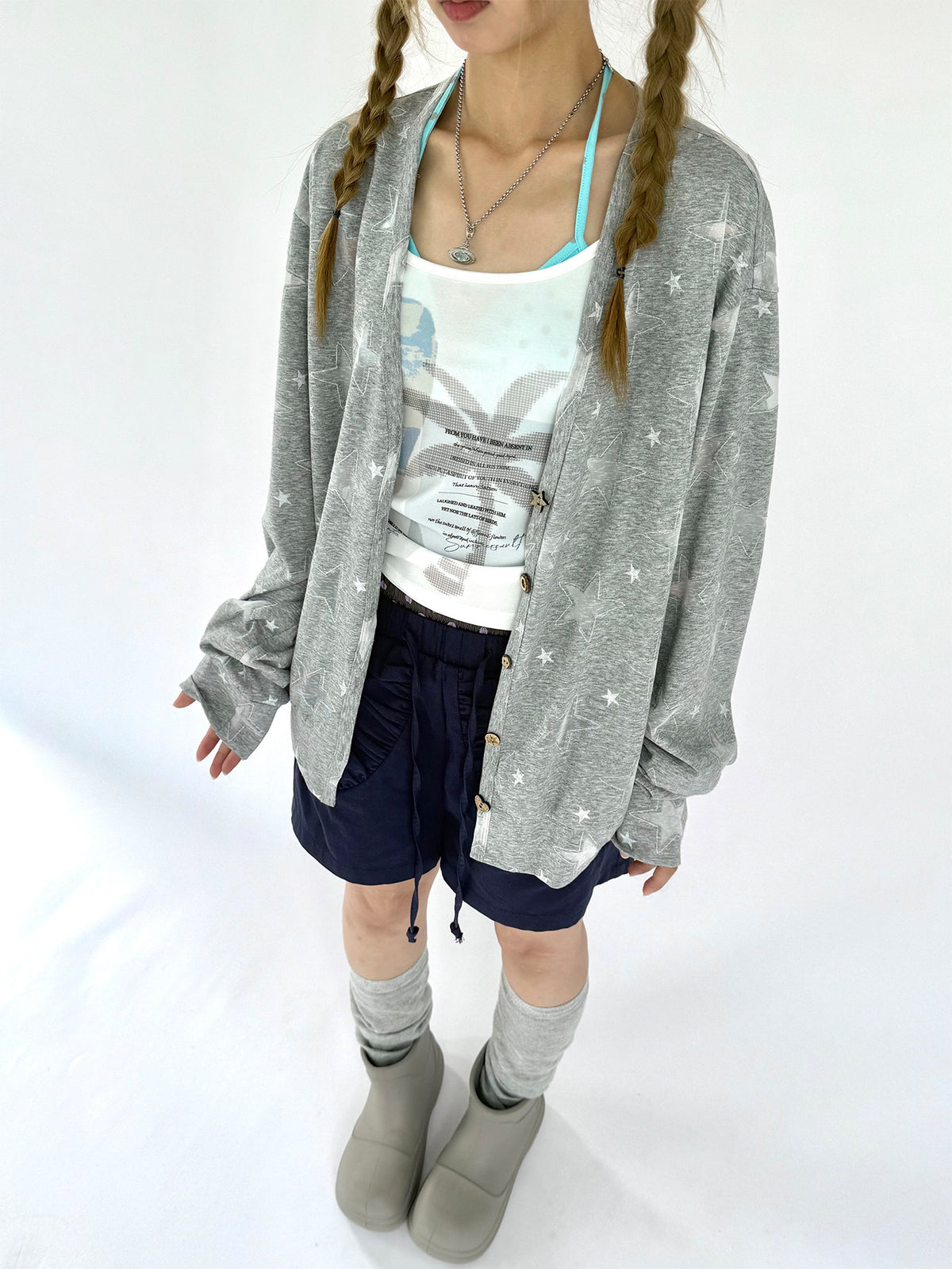 Star Print Lightweight V-Neck Cardigan