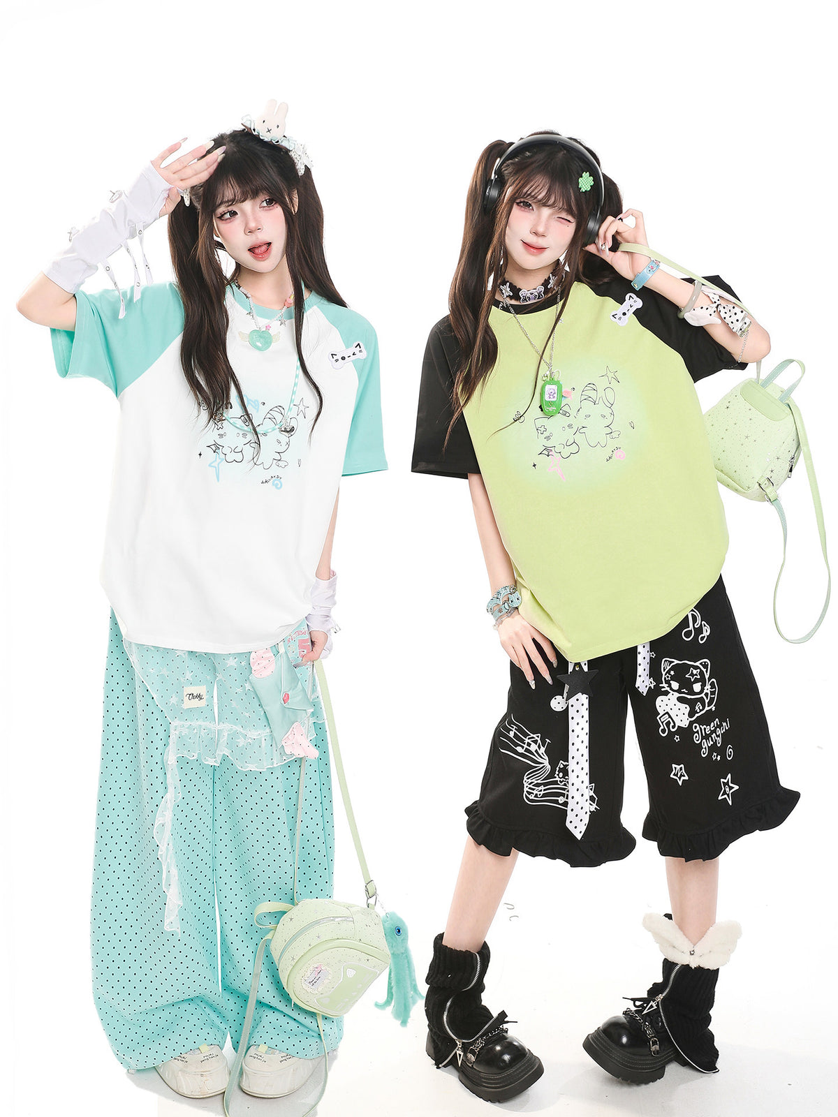 Kitty Sketch Colorblock Raglan Oversized Tee