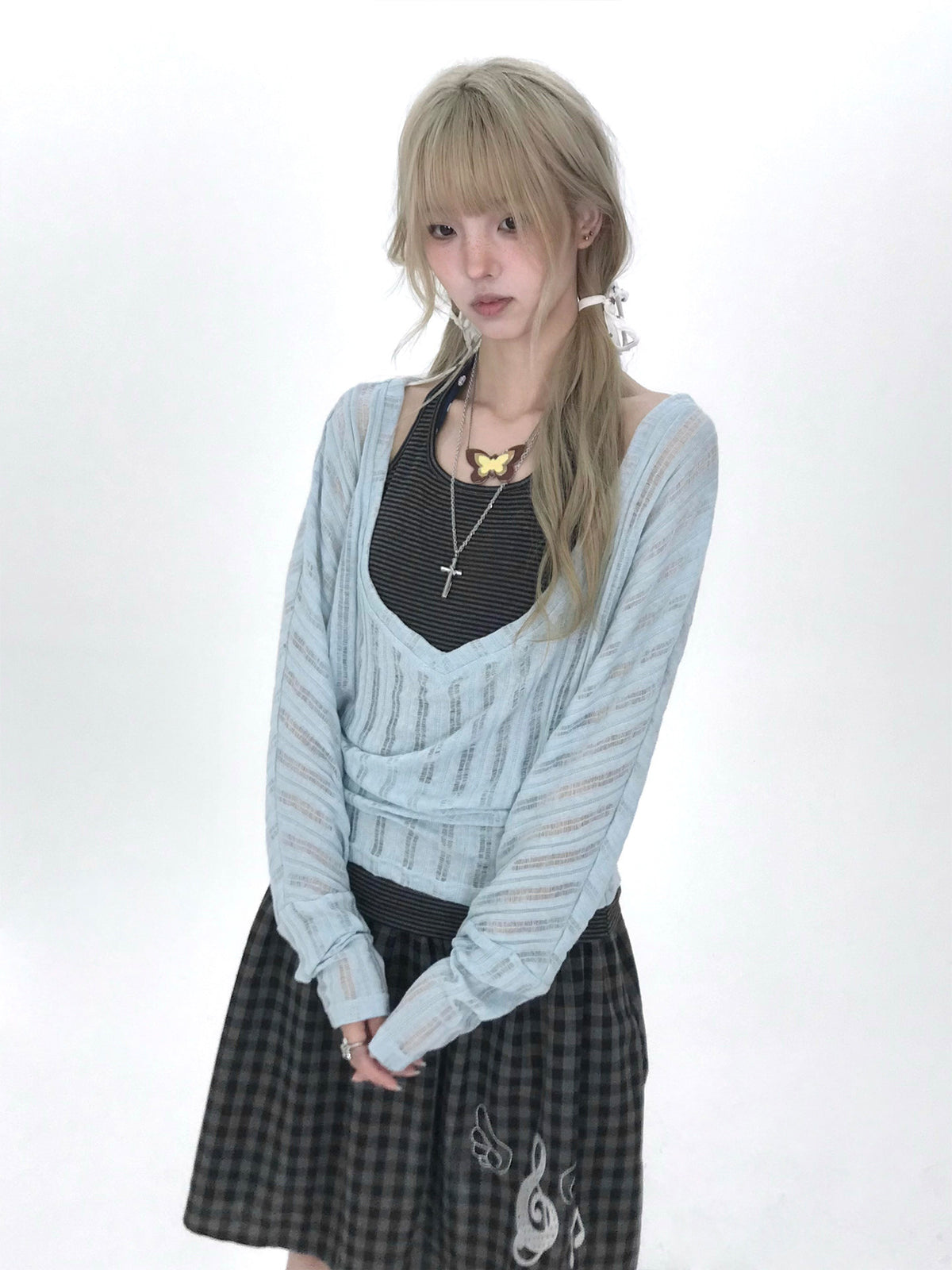 Icy Blue Striped Halter-Layered Long Sleeve Top