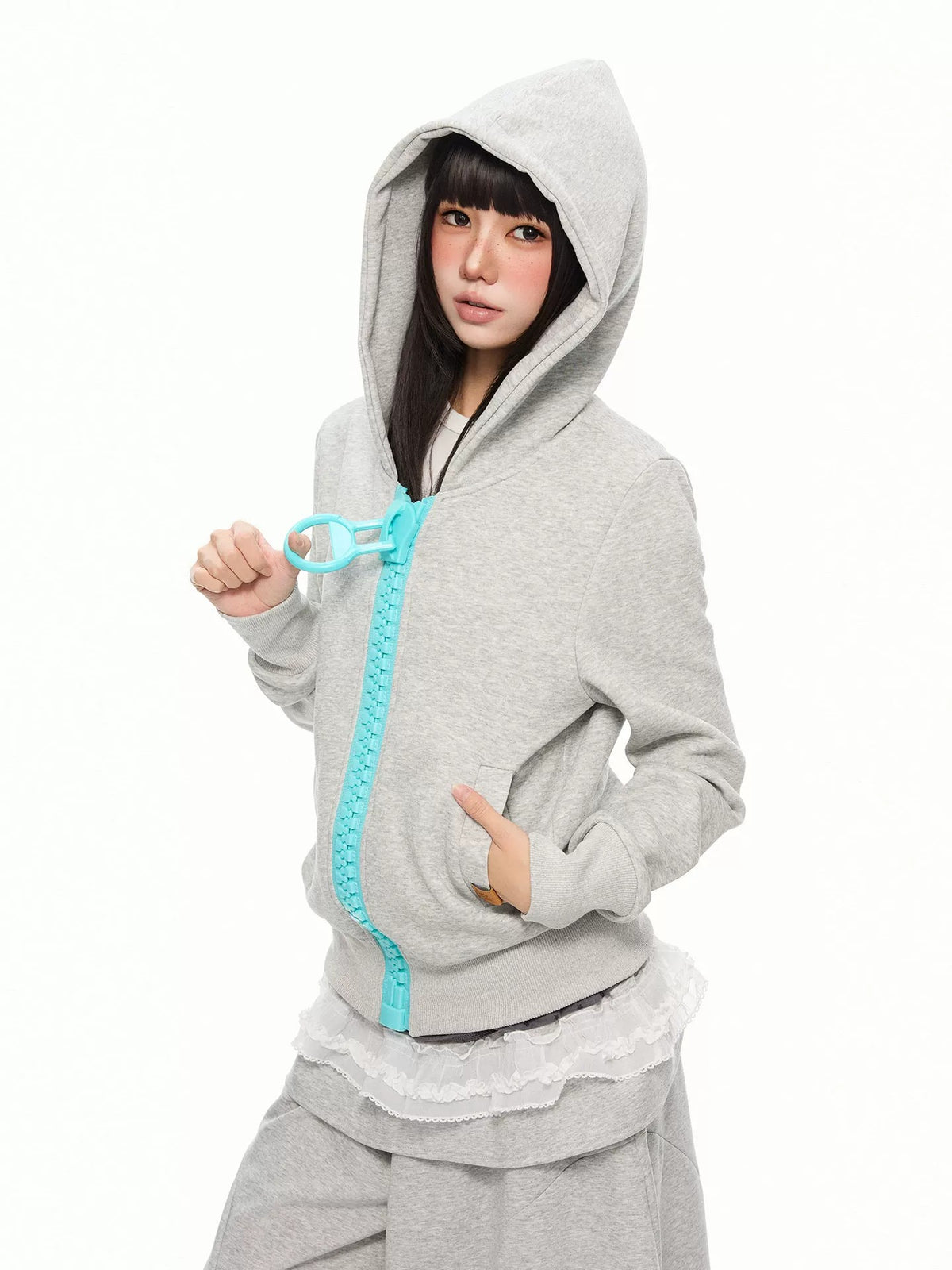 Oversized Contrast-Zip Hoodie