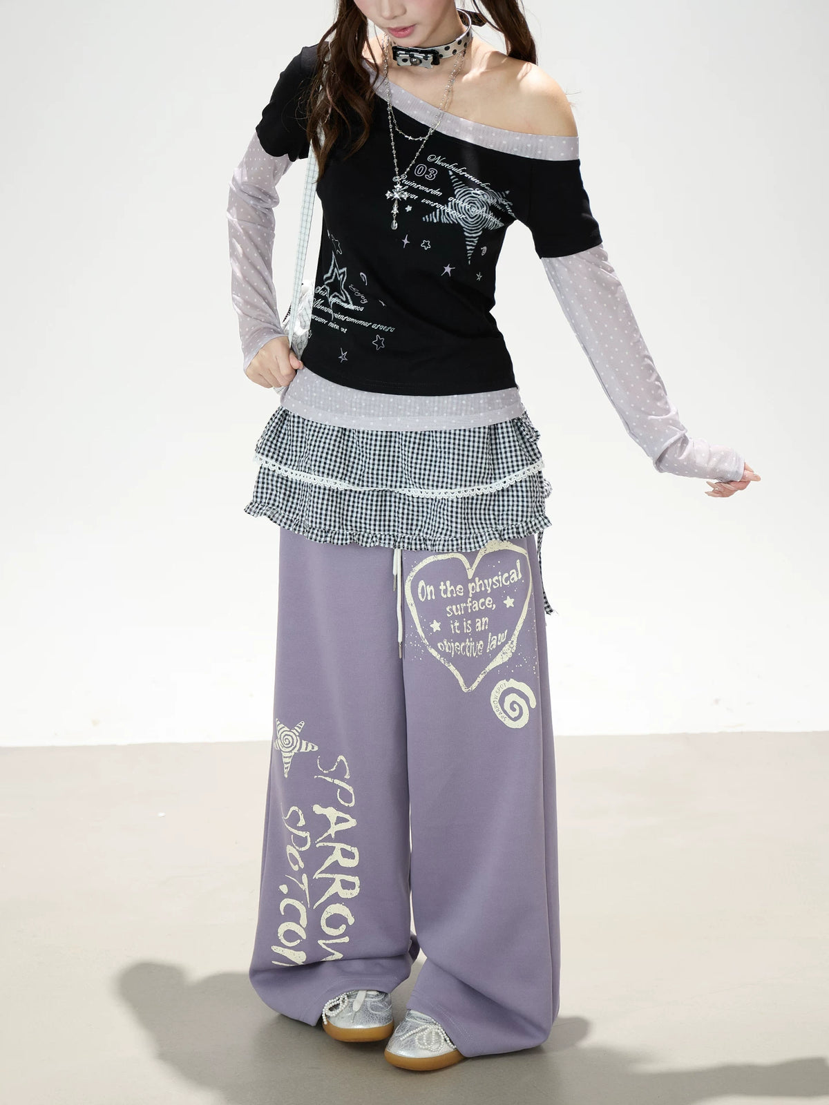 Mesh Layered Off-Shoulder Graphic Top & Heart Graphic Wide-Leg Pants