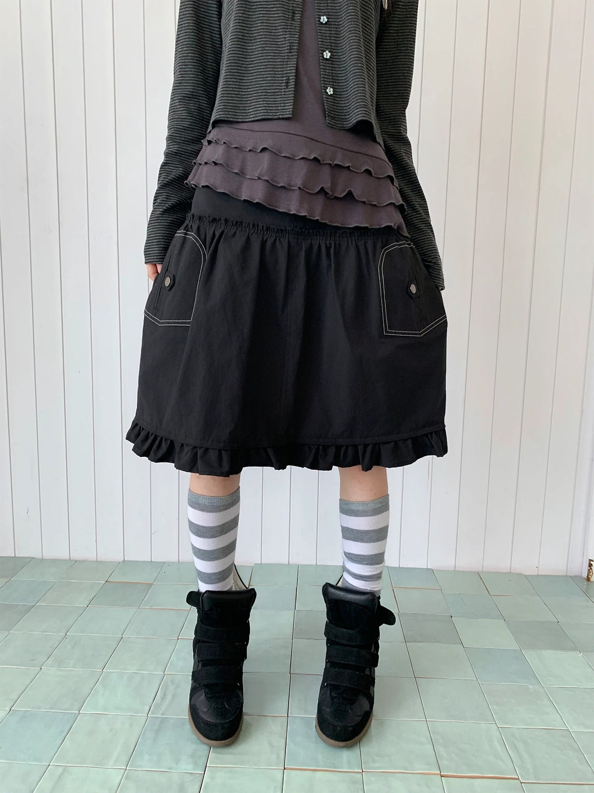 Contrast-Stitch Ruffle-Hem Utility Mini Skirt