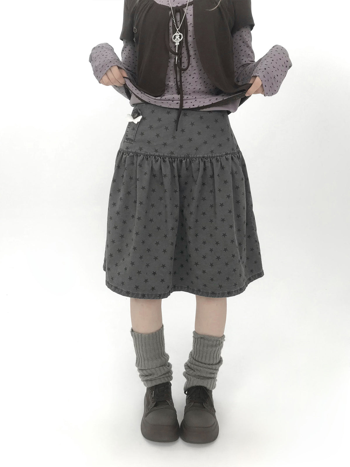 Star Print Drop-Waist A-Line Skirt