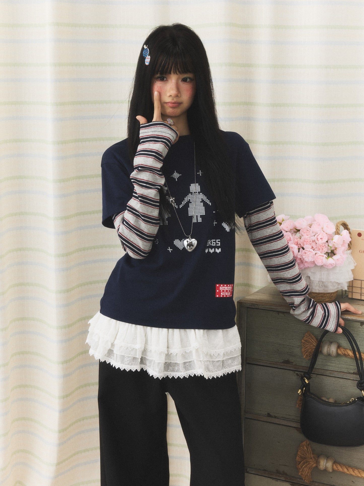 Navy Pixel Girl Stripe Faux-Layer Long-Sleeve Tee