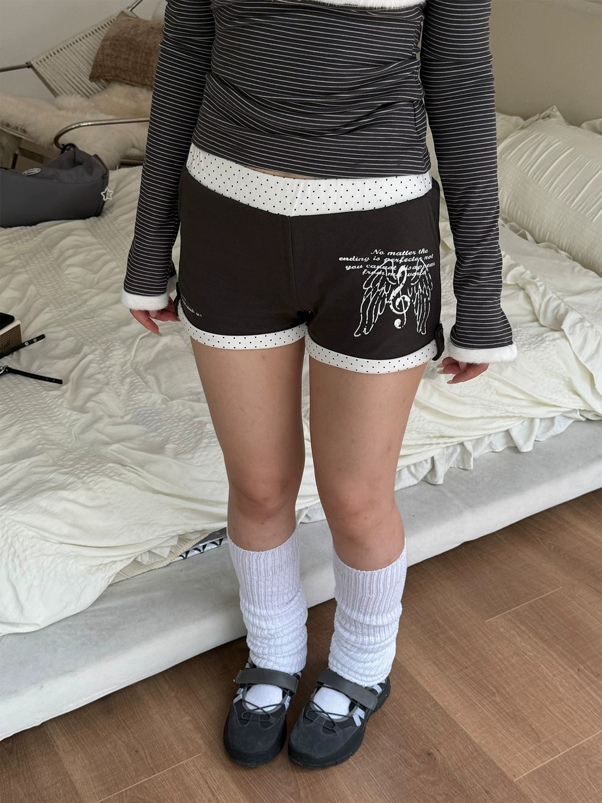 Angel Wing Polka Dot Trim Fitted Shorts