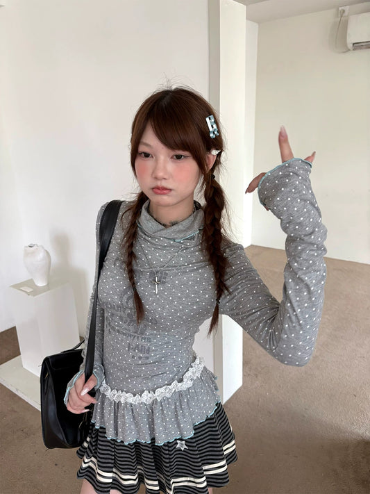 Polka Dot Lace-Trim Mock-Neck Long Sleeve Top