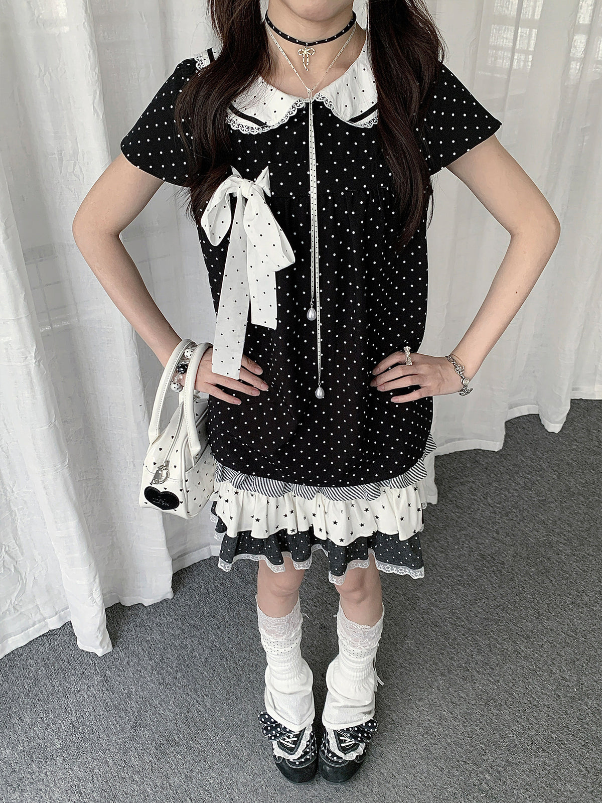 Polka Dot Bow Peter Pan Collar Short Sleeve Top