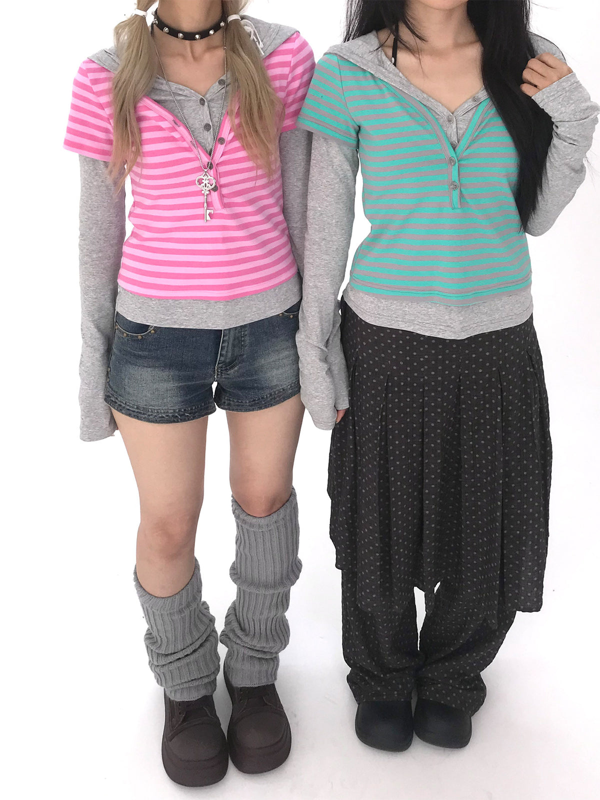 Striped Faux-Layered Hooded Long Sleeve Top