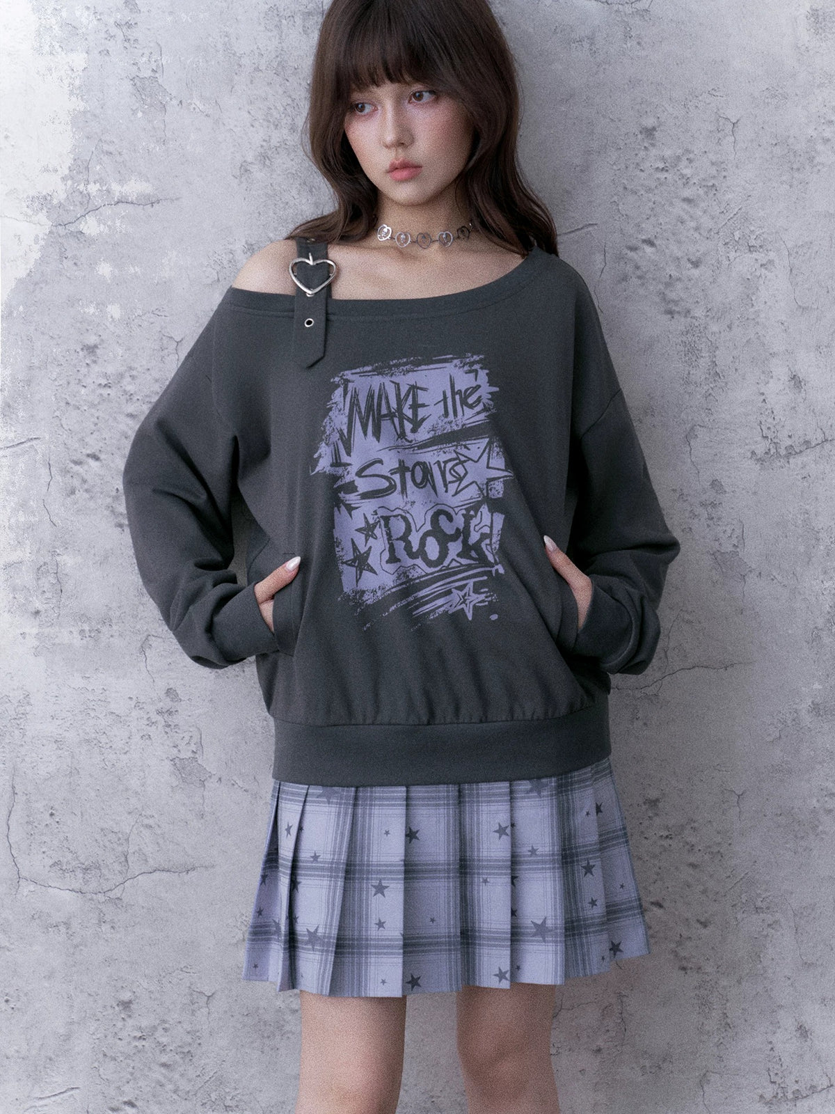 Heart-Strap Graphic Faux-Layered Sweatshirt Dress
