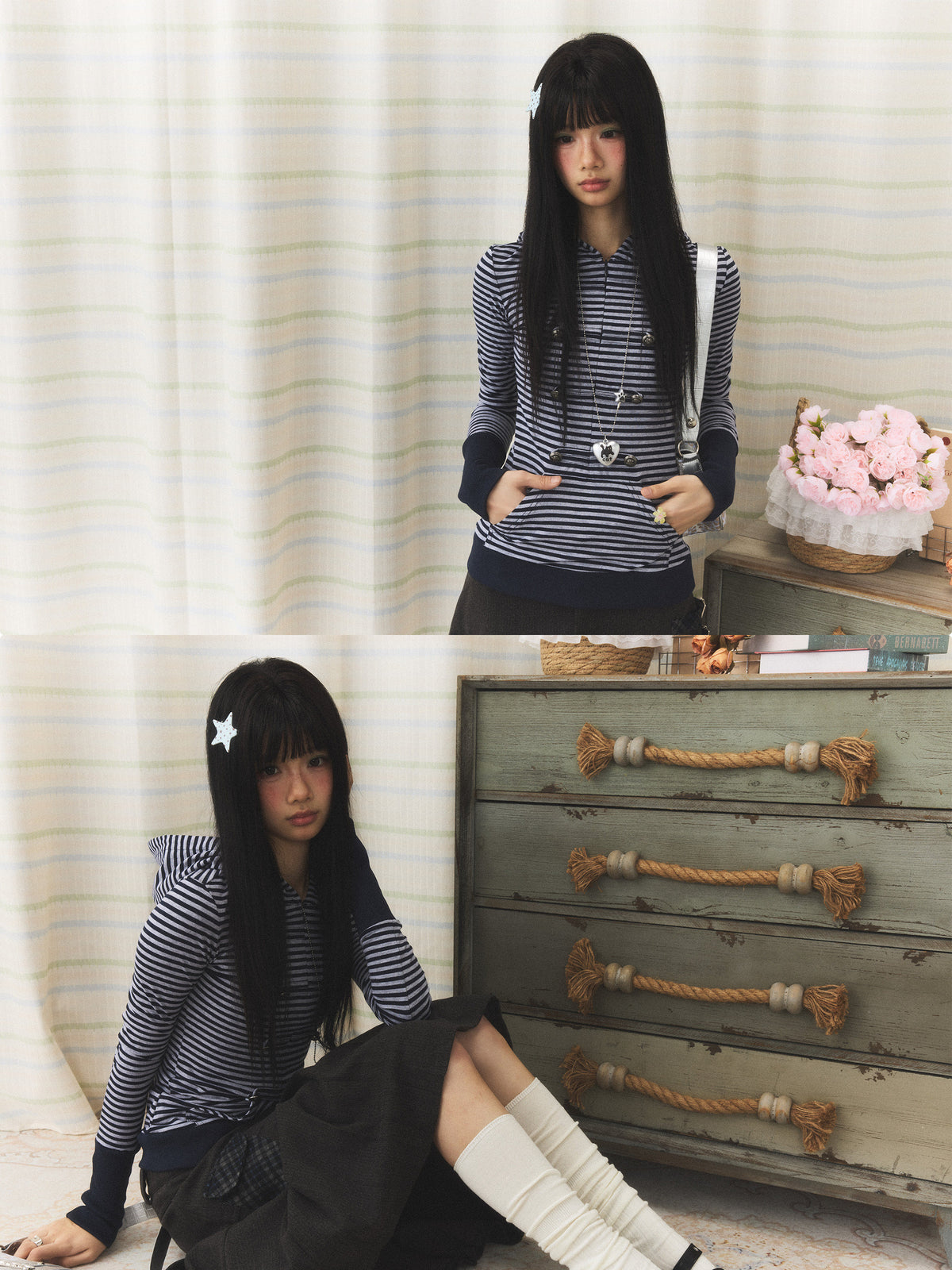 Navy Striped Military Button Hooded Top