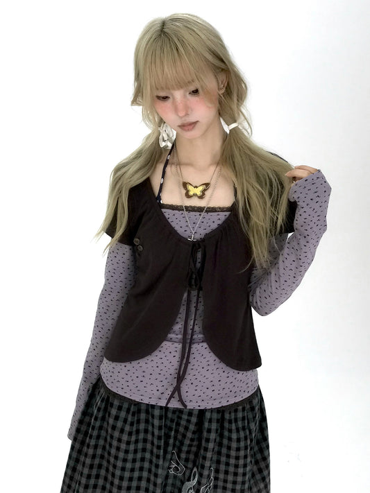 Striped Polka Dot Faux-Layered Button Long Sleeve Top