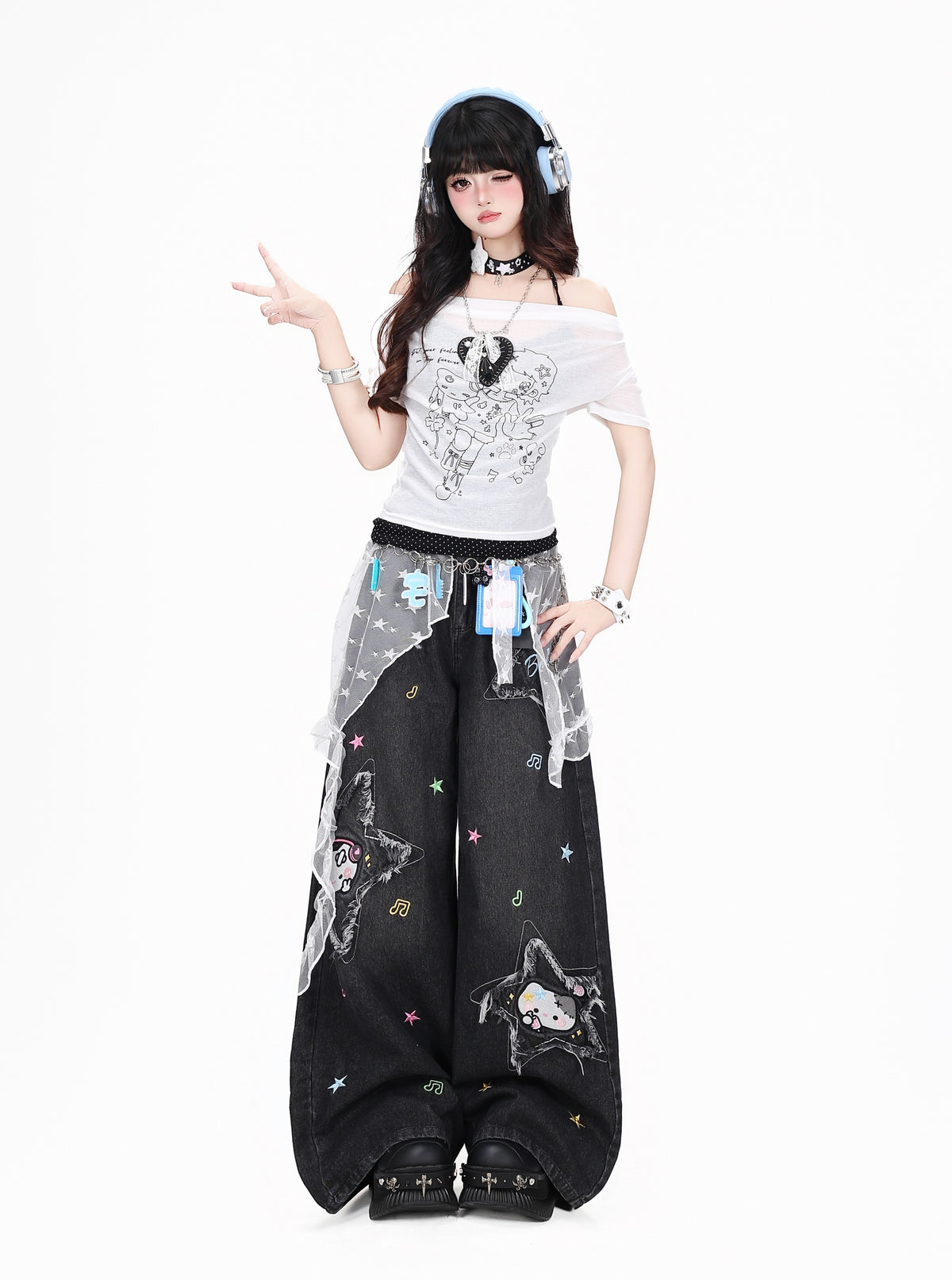 Star Cat Patch Wide-Leg Jeans with Card Holder Charm