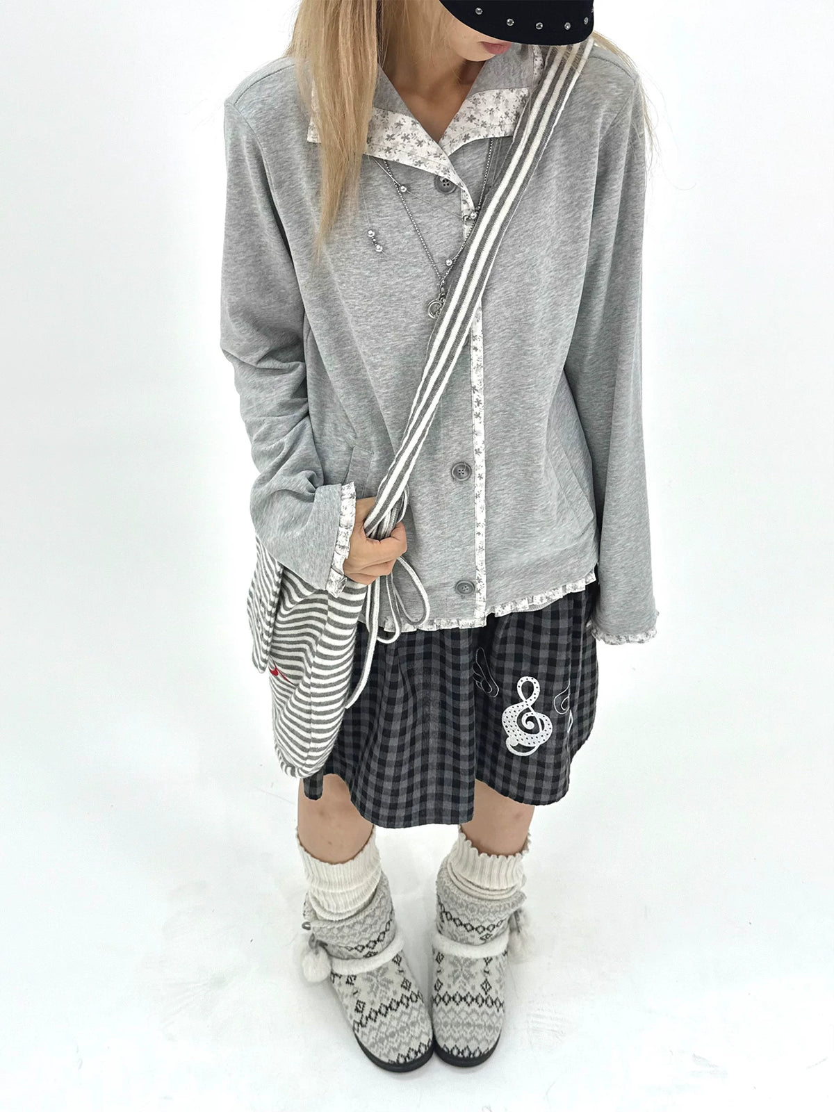 Floral-Trim Stand Collar Button Cardigan